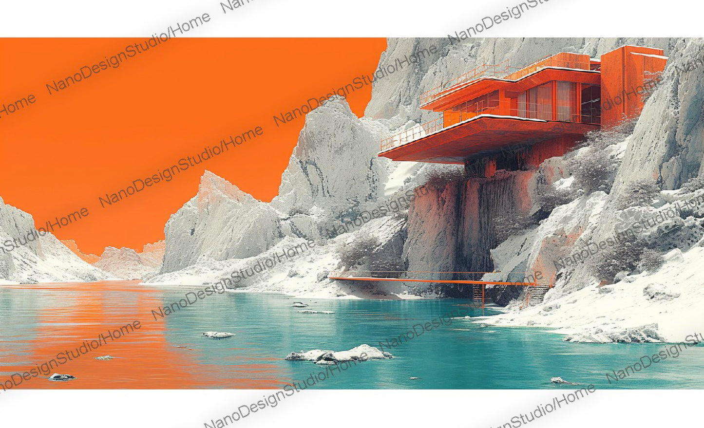 Une maison futuriste orange au bord d'un lac glacé encadré par des falaises imposantes et des rochers blancs.