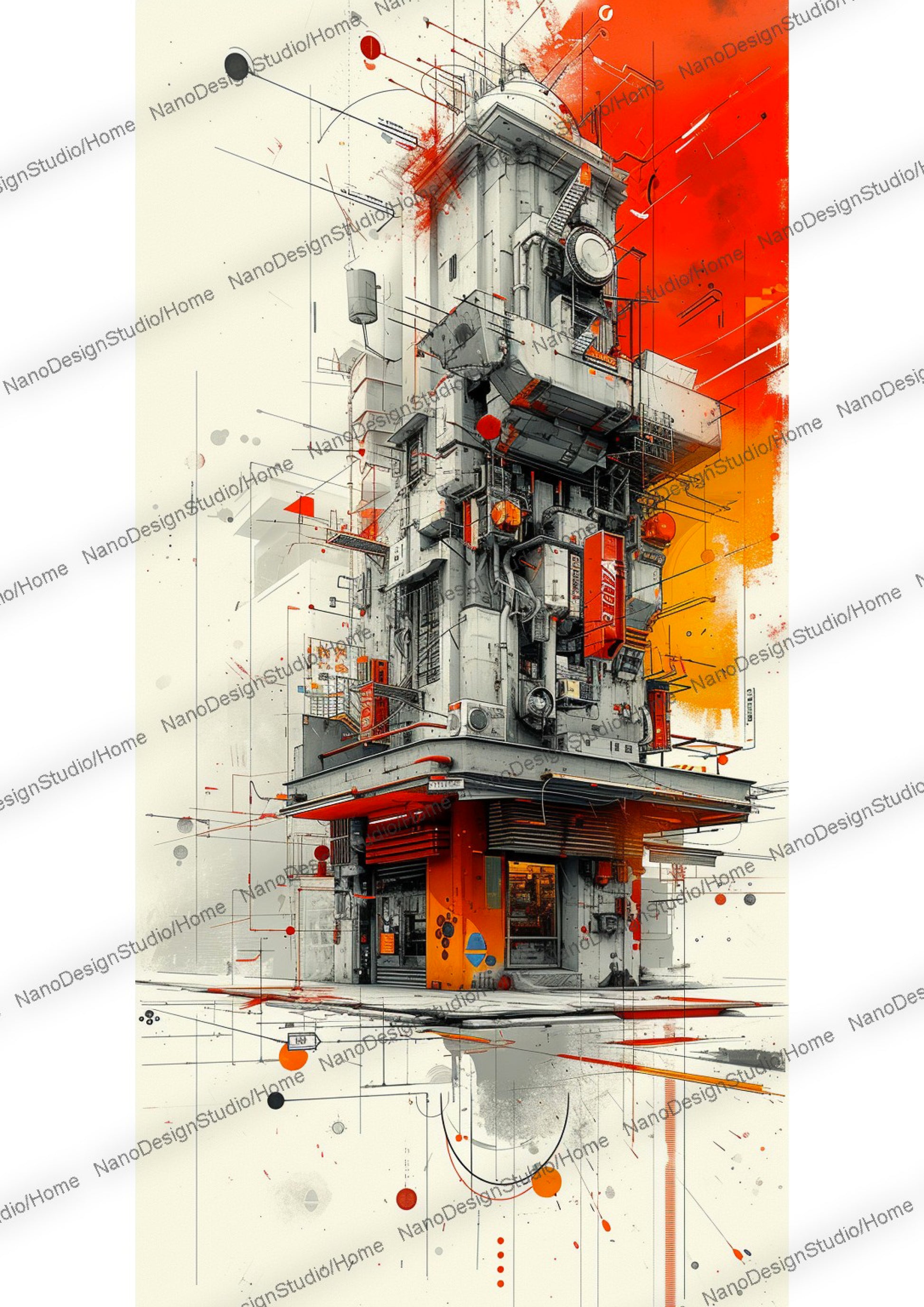 mélange de fragments industriels avec des lignes de construction de type architecturale représentant une épicerie cyberpunk appelé konbini au japon avec pour couleurs dominantes le rouge, orange et noir.