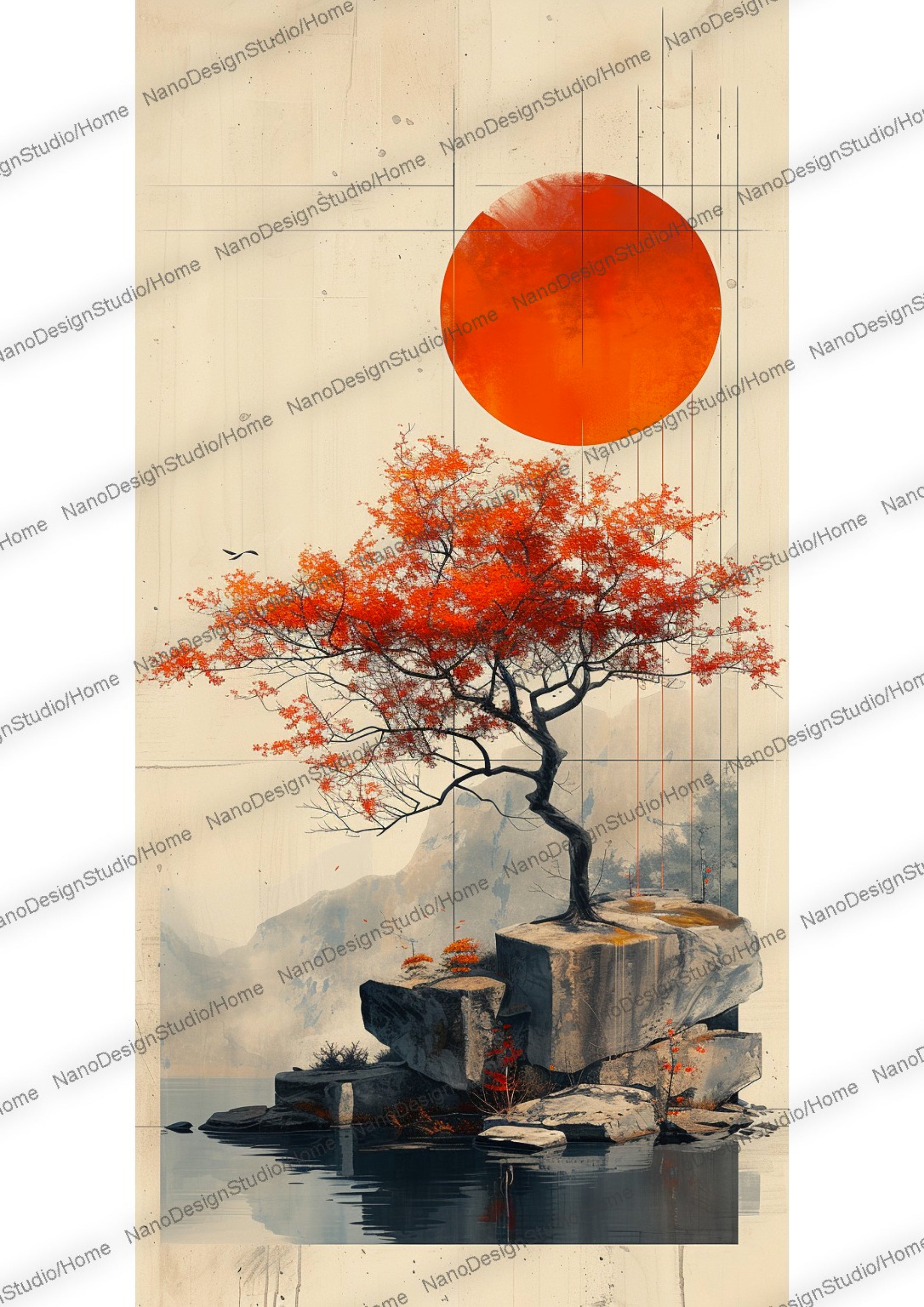 Maison de style japonaise et/ou d'un arbre paisiblement entouré d'eau, le beige et le orange domine la scène.