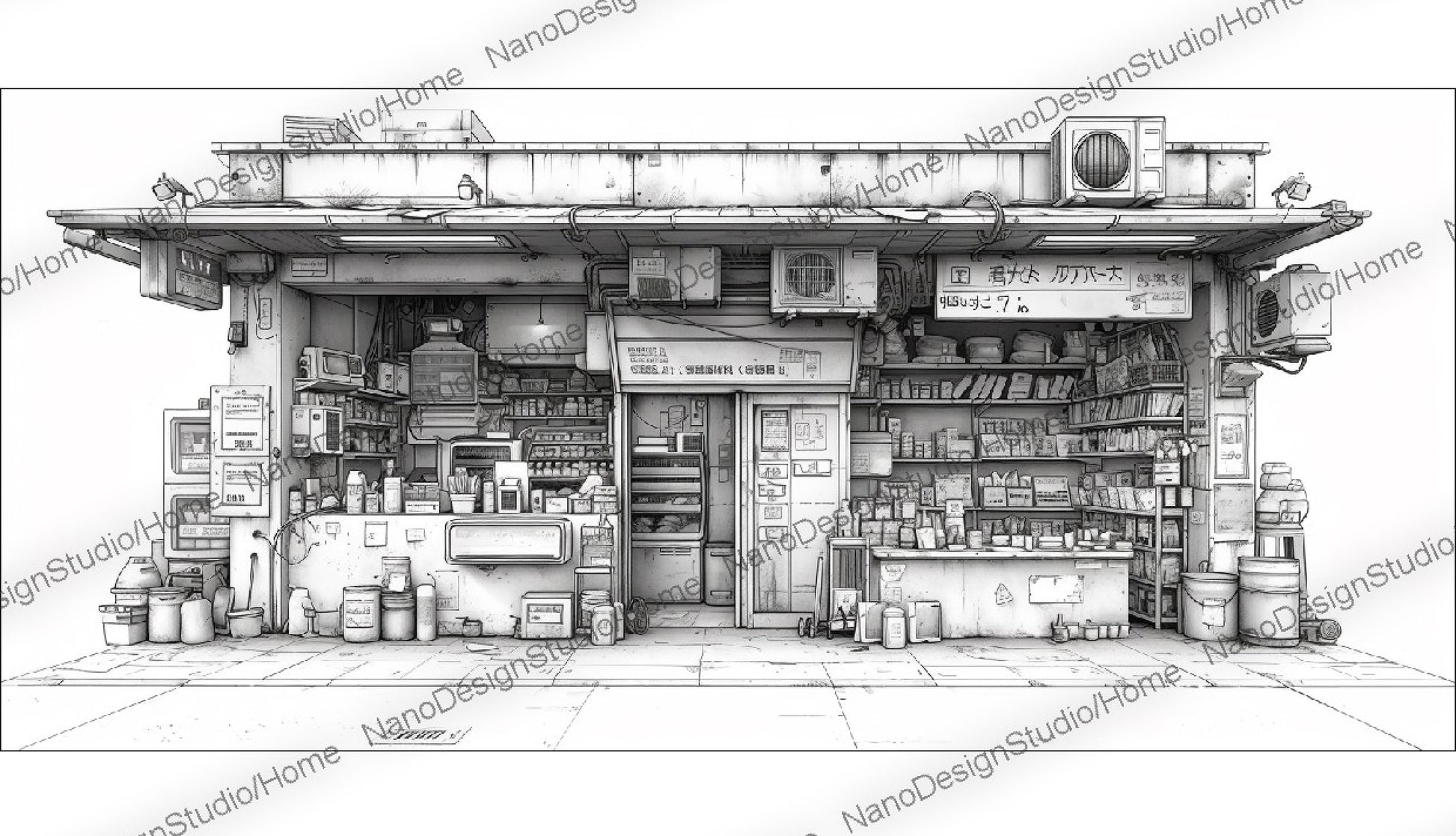 Concept art d'une épicerie japonaise en noir et blanc avec beaucoup d'articles sur les étagères et le comptoir dans un style cyberpunk.