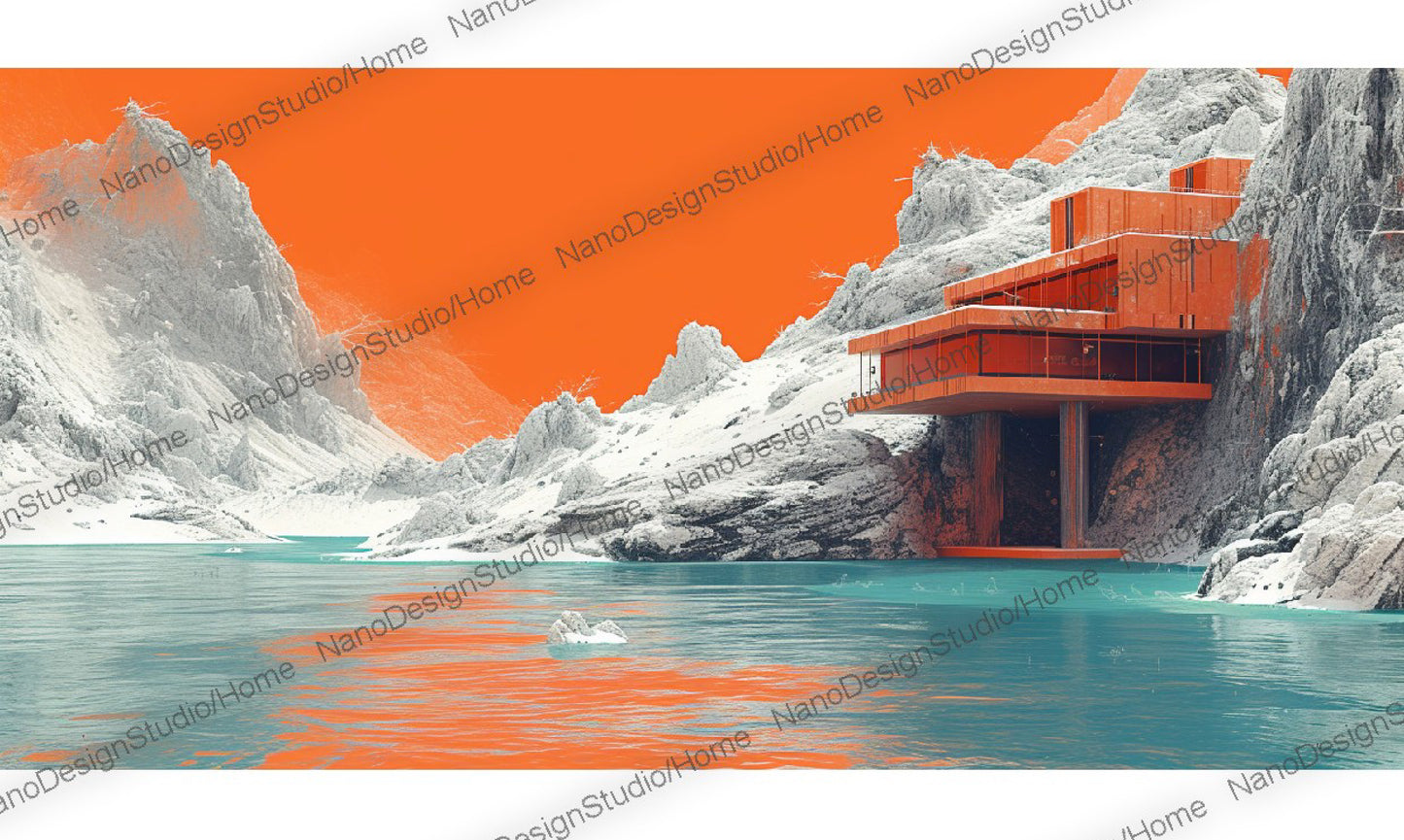 Une maison futuriste orange au bord d'un lac glacé encadré par des falaises imposantes et des rochers blancs.