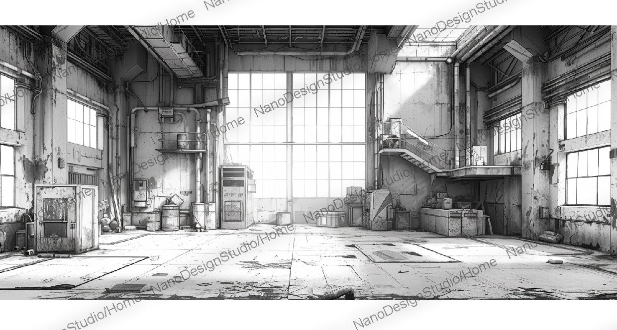 Concept art d'un intérieur d'entrepôt industriel abandonné dans un style manga.