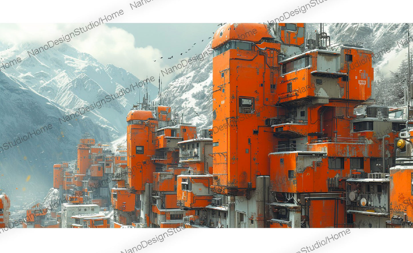 Bâtiments oranges encastrés dans des montagnes de neige rappelant un laboratoire chimique des films de l'univers de James bond dans une ambiance futuriste dystopique.