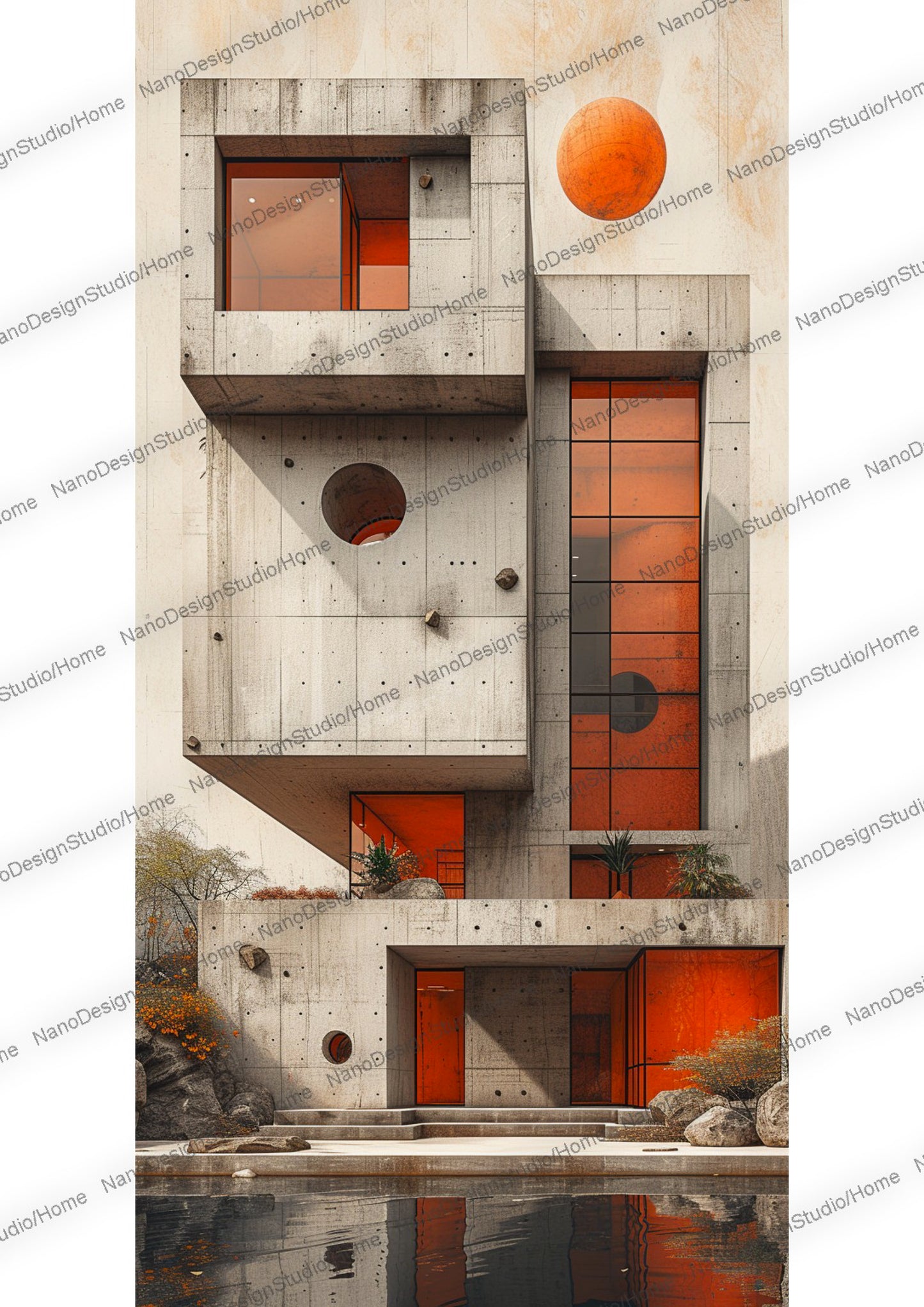 Architecture néo moderne en béton beige avec des murs intérieurs orange. Le bâtiment au dessus d'une surface d'eau est composé de fenêtres rondes et rectangulaires.