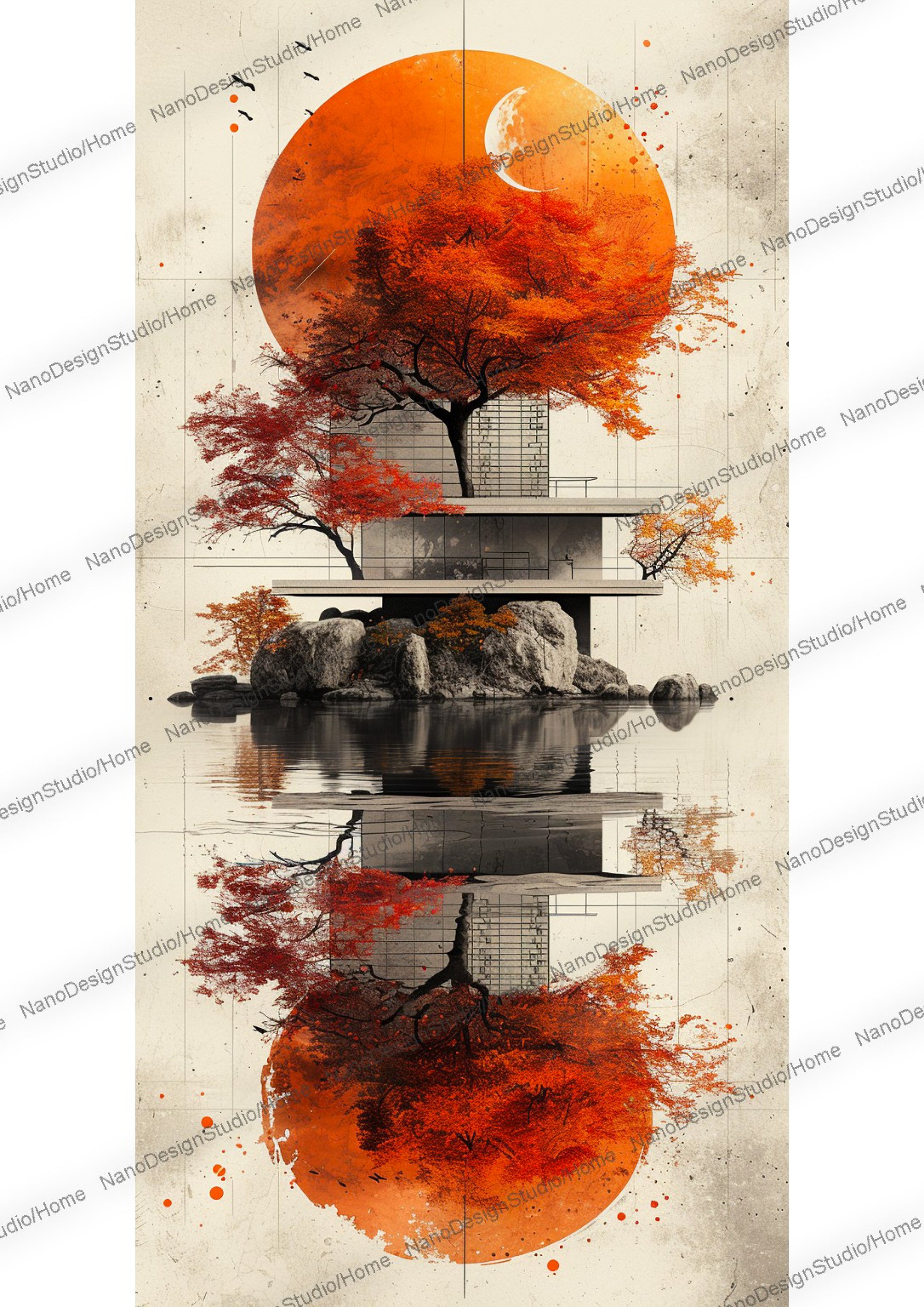 Maison de style japonaise et/ou d'un arbre paisiblement entouré d'eau, le beige et le orange domine la scène.