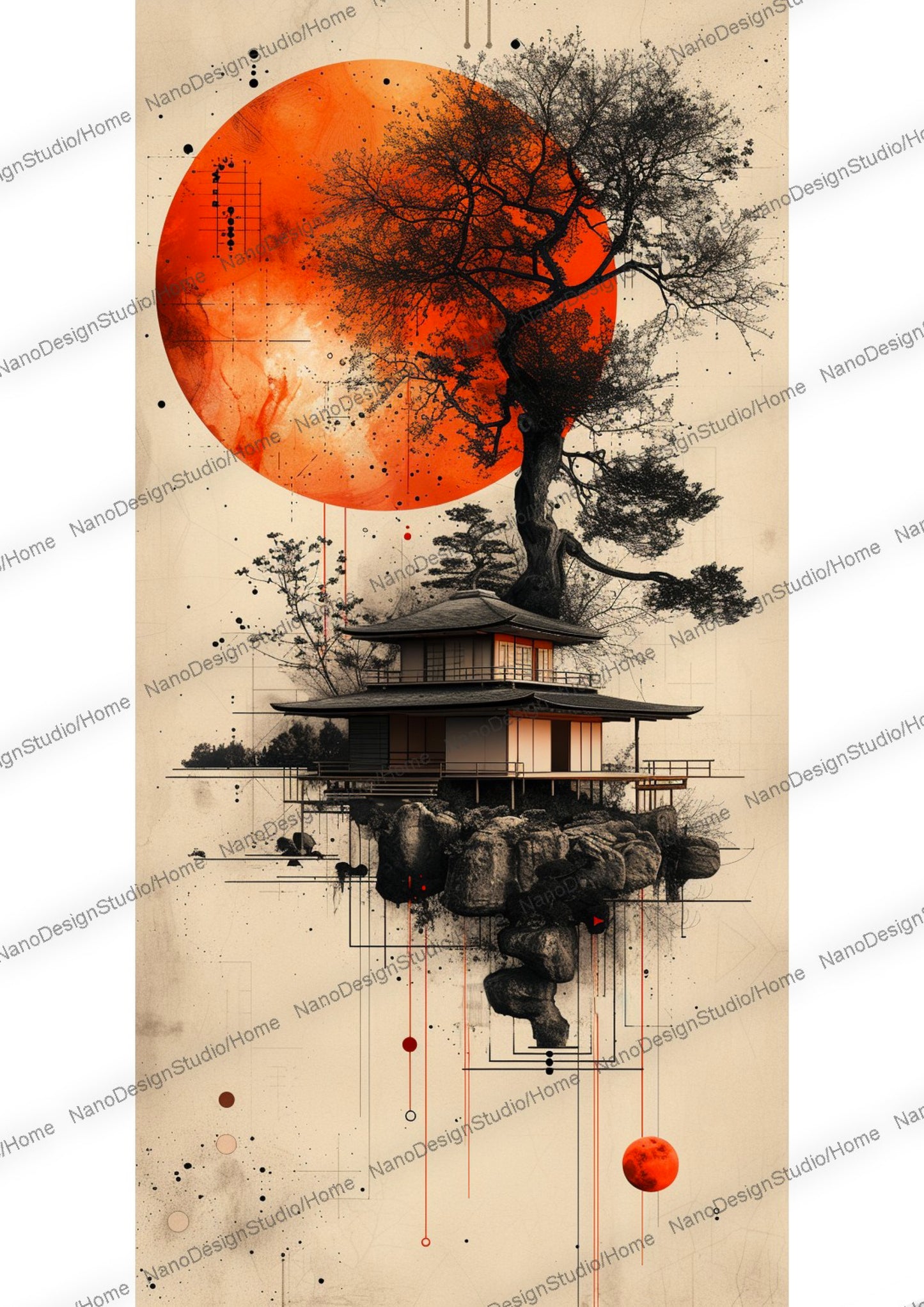 Maison japonaise sur un lac enveloppée d'une ambiance éthérée avec en fond une lune rouge et des arbres aux feuilles oranges/rouges vibrants.