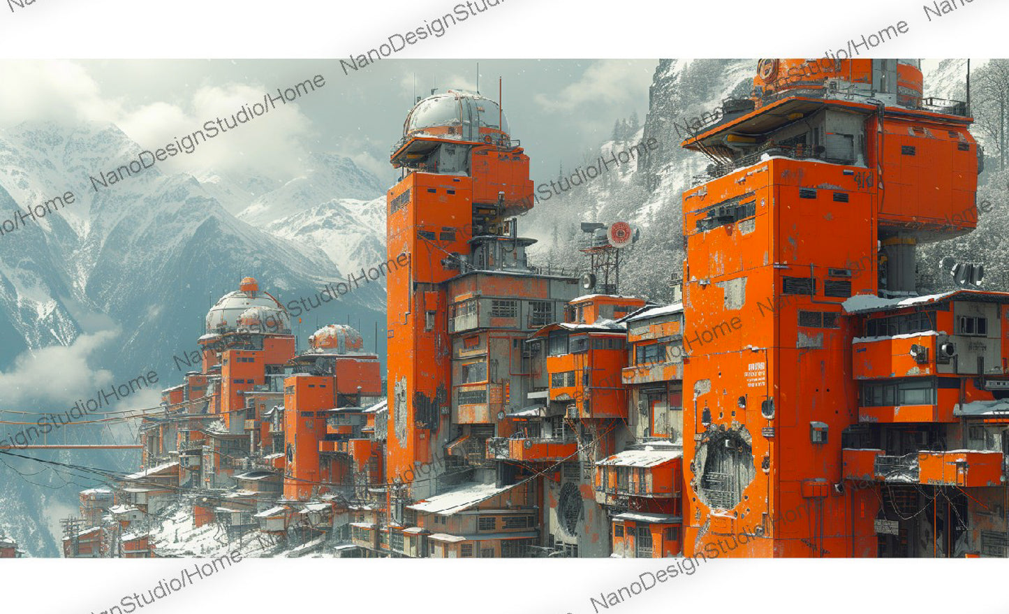 Bâtiments oranges encastrés dans des montagnes de neige rappelant un laboratoire chimique des films de l'univers de James bond dans une ambiance futuriste dystopique.