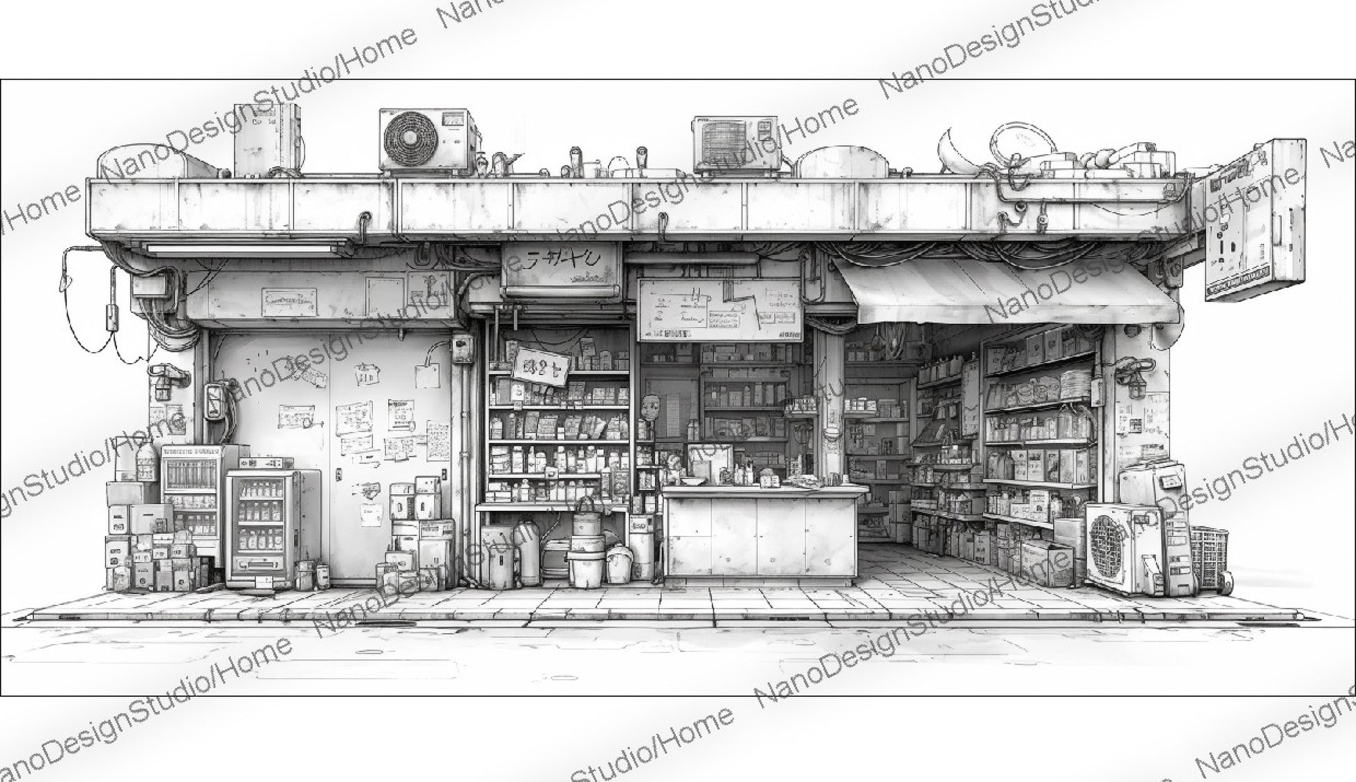 Concept art d'une épicerie japonaise en noir et blanc avec beaucoup d'articles sur les étagères et le comptoir dans un style cyberpunk.