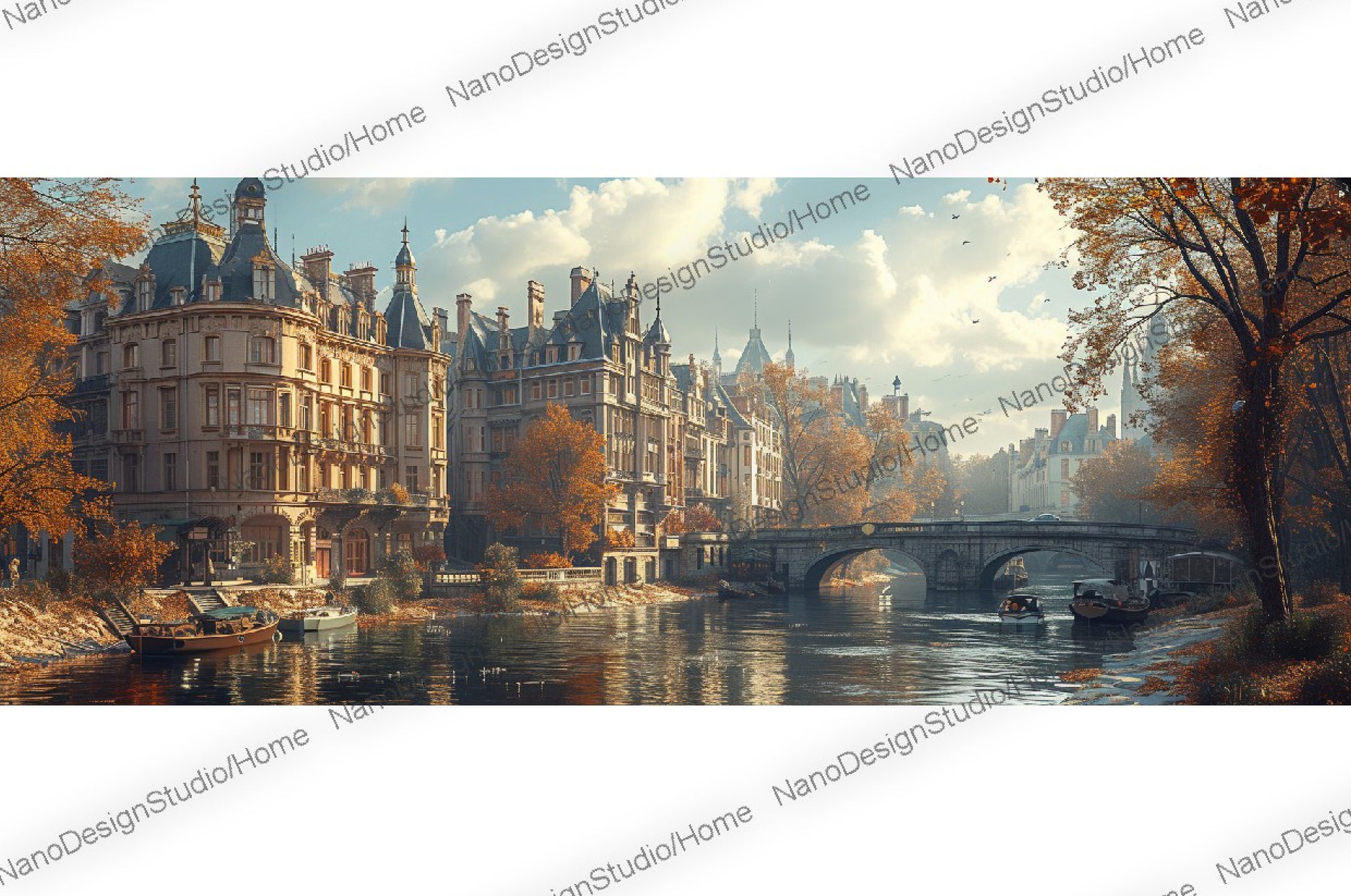 Paris vu de la Seine avec des bâtiments médiévaux en automne