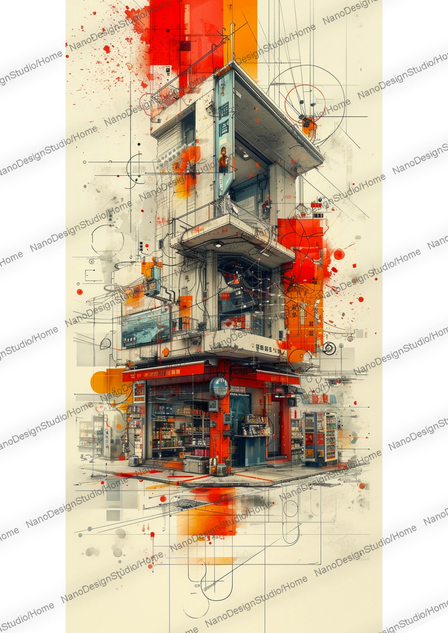 mélange de fragments industriels avec des lignes de construction de type architecturale représentant une épicerie cyberpunk appelé konbini au japon avec pour couleurs dominantes le rouge, orange et noir.