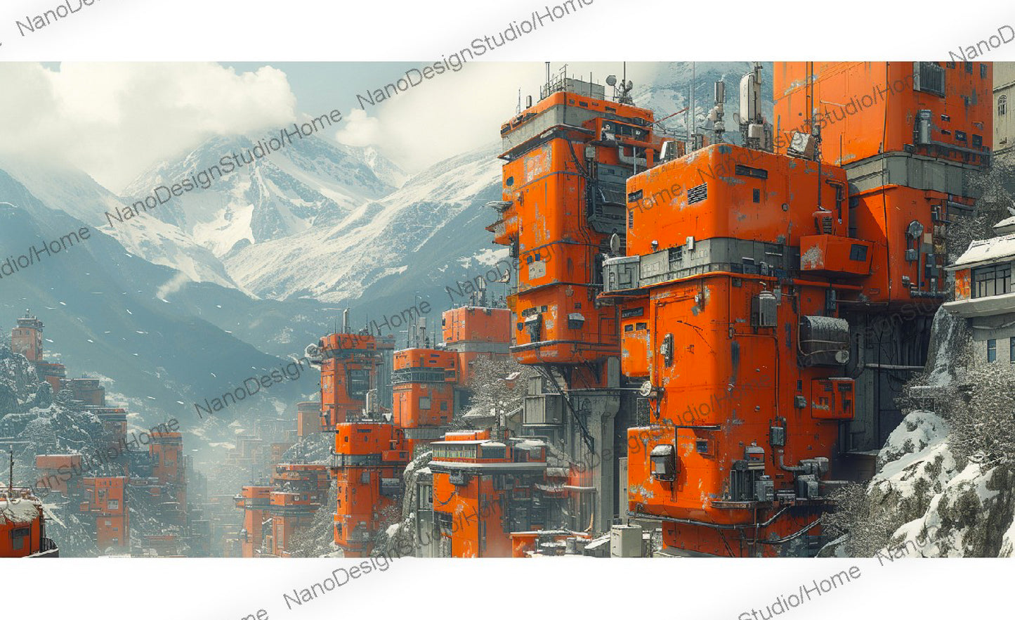 Bâtiments oranges encastrés dans des montagnes de neige rappelant un laboratoire chimique des films de l'univers de James bond dans une ambiance futuriste dystopique.