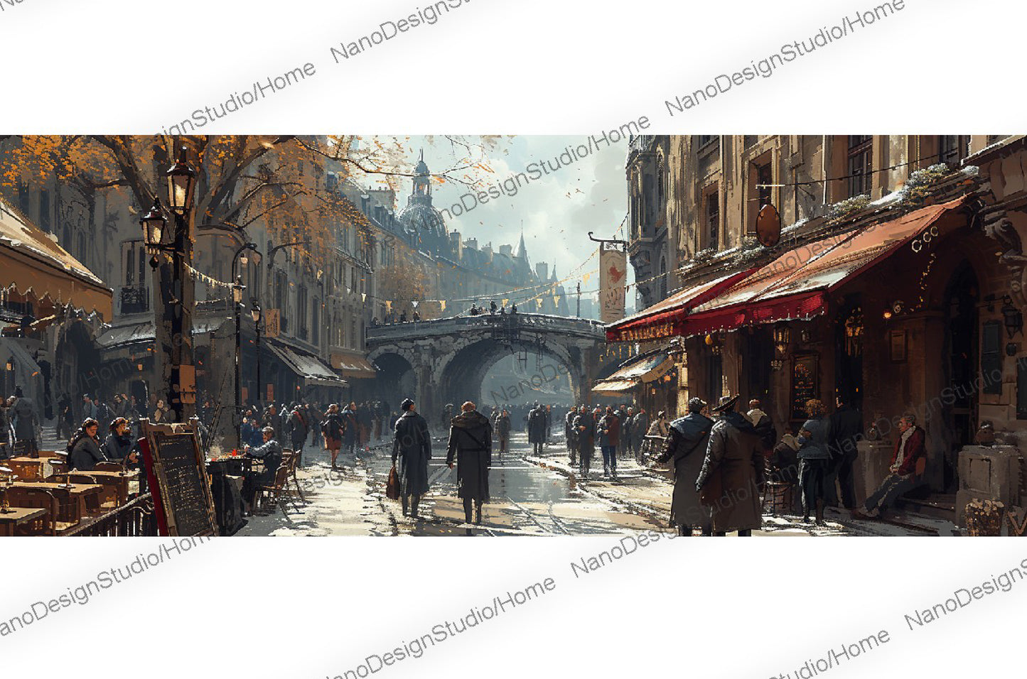 Art Conceptuel d'une rue médiéval de Paris avec des petites boutiques et une foule animée se promenant