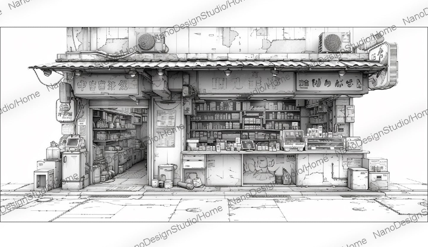 Concept art d'une épicerie japonaise en noir et blanc avec beaucoup d'articles sur les étagères et le comptoir dans un style cyberpunk.