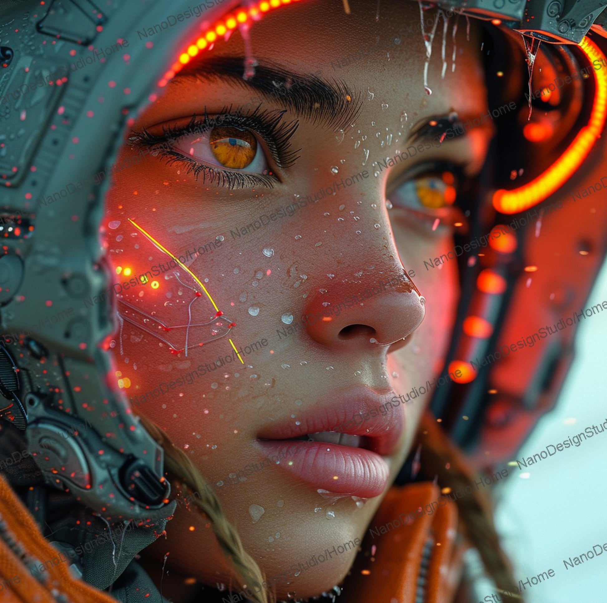 Portrait d'une femme ressemblant a un cyborg ou à un humain augmenté portant une combinaison dans le style cyberpunk.