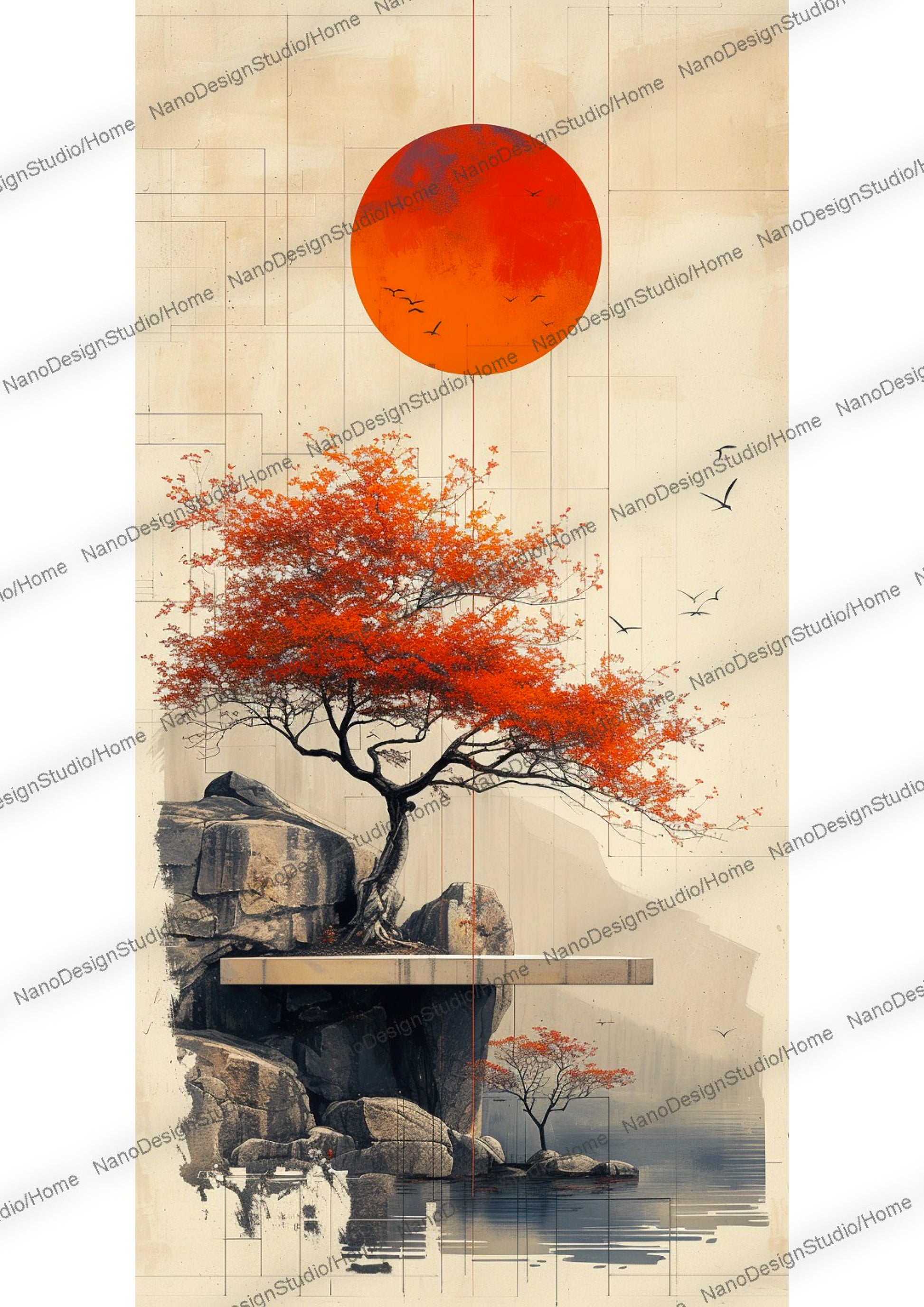 Maison de style japonaise et/ou d'un arbre paisiblement entouré d'eau, le beige et le orange domine la scène.