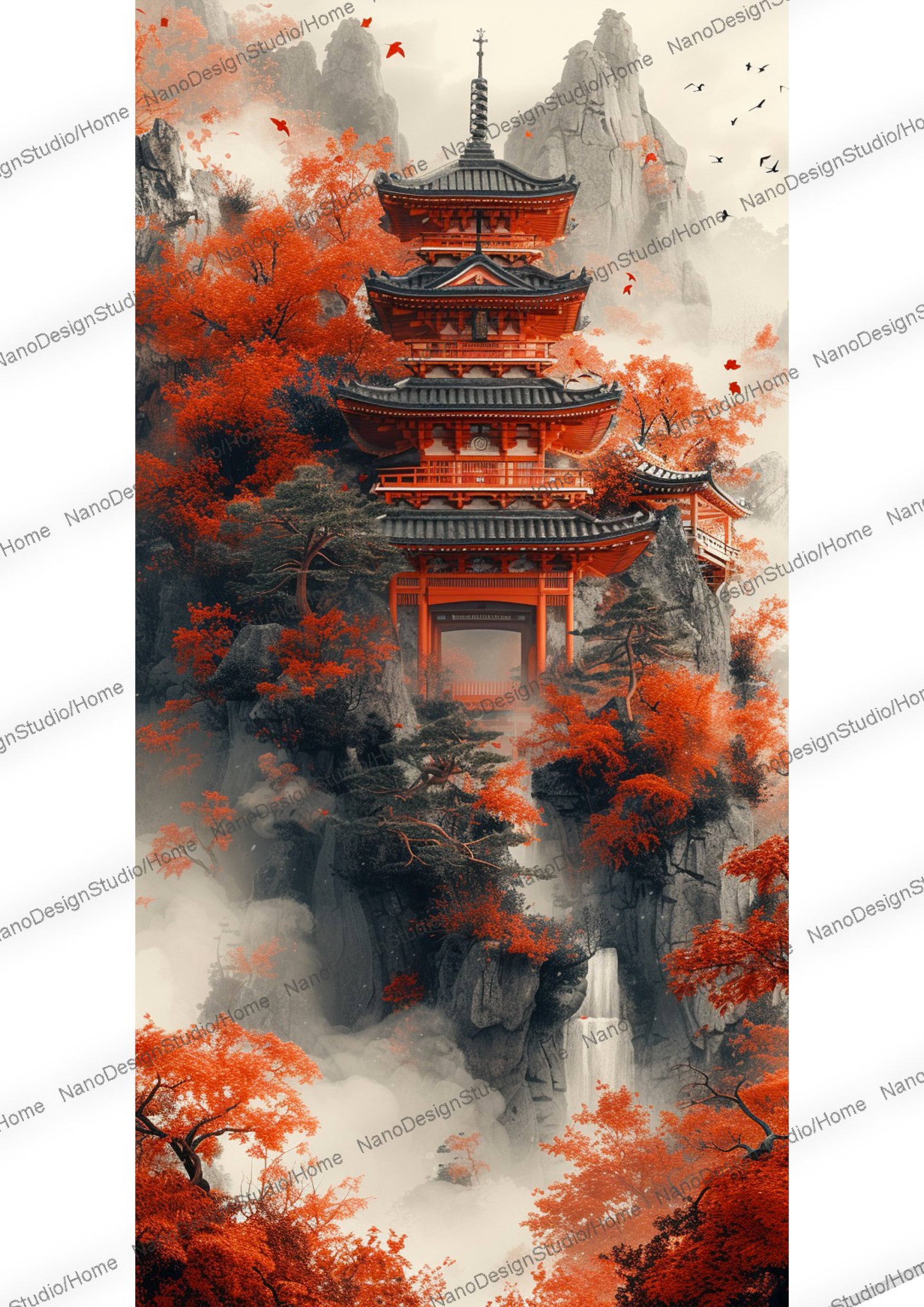 Majestueuse pagode japonaise entourée de nuages, de brume et d'arbres aux feuilles rouges.