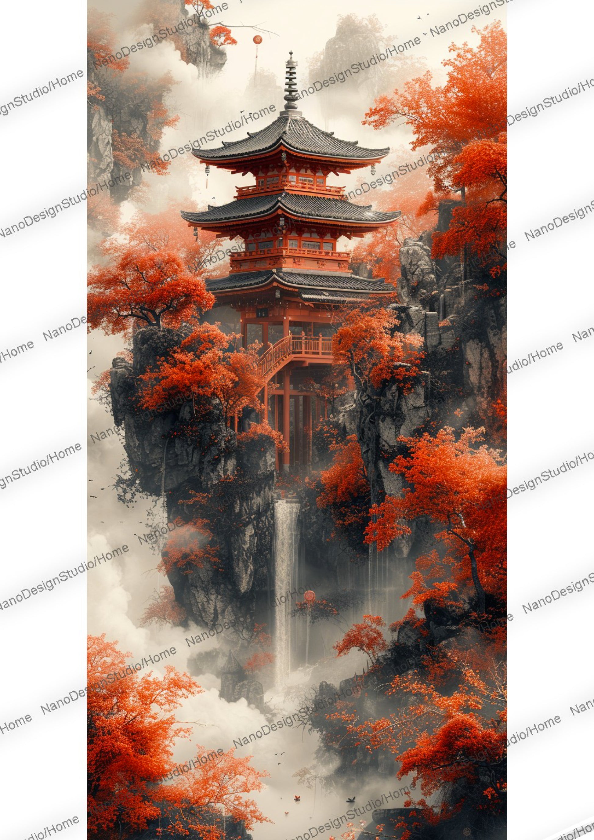 Majestueuse pagode japonaise entourée de nuages, de brume et d'arbres aux feuilles rouges.