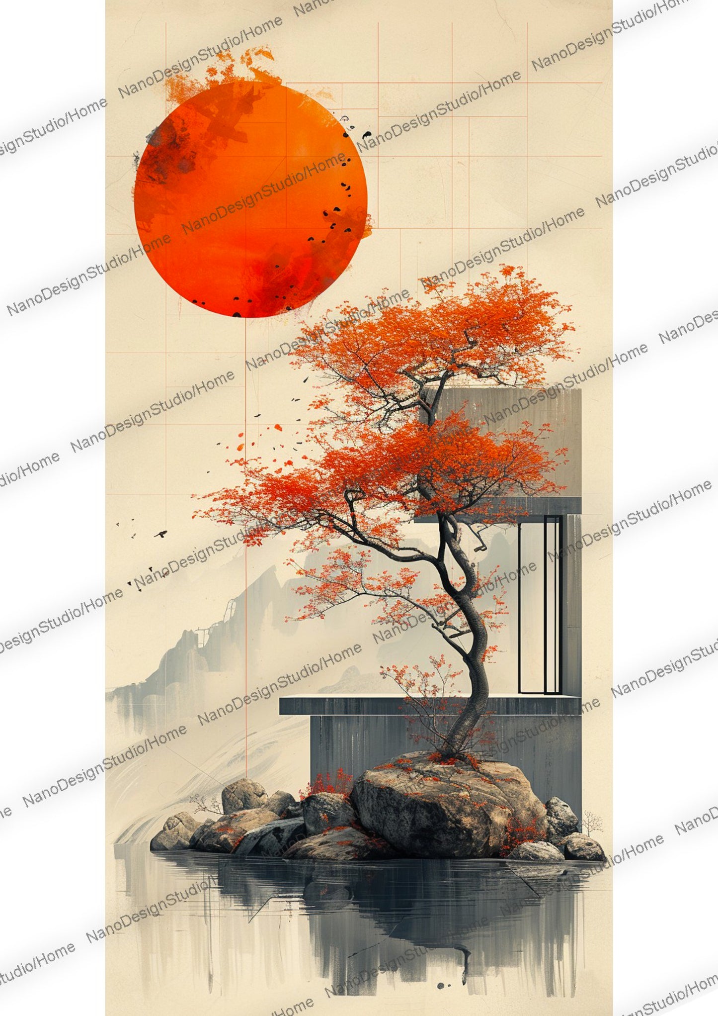 Maison de style japonaise et/ou d'un arbre paisiblement entouré d'eau, le beige et le orange domine la scène.