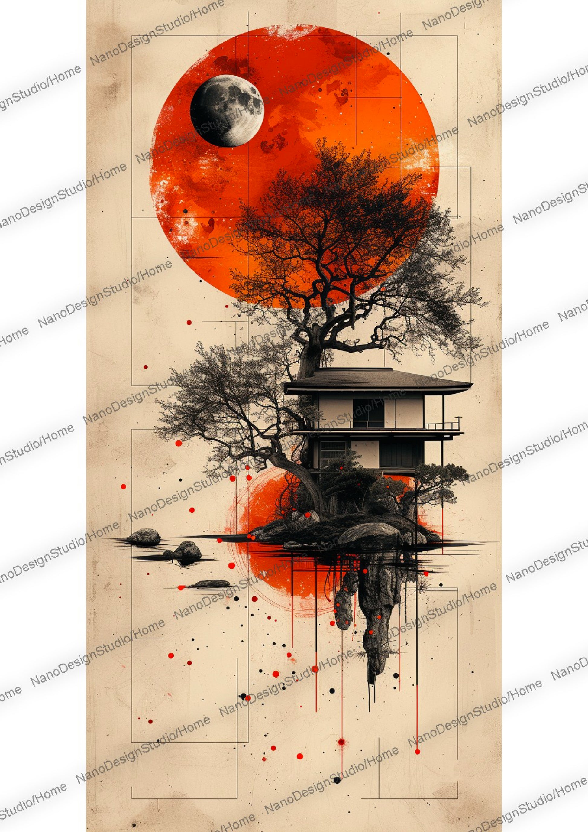 Maison japonaise sur un lac enveloppée d'une ambiance éthérée avec en fond une lune rouge et des arbres aux feuilles oranges/rouges vibrants.