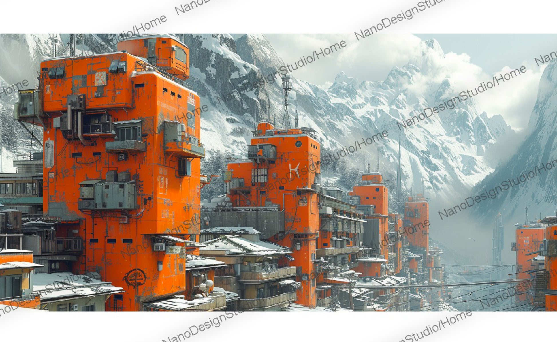 Bâtiments oranges encastrés dans des montagnes de neige rappelant un laboratoire chimique des films de l'univers de James bond dans une ambiance futuriste dystopique.