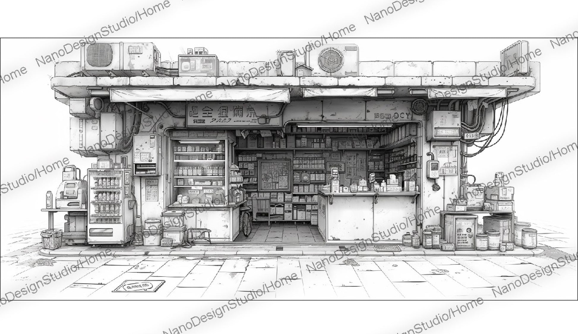 Concept art d'une épicerie japonaise en noir et blanc avec beaucoup d'articles sur les étagères et le comptoir dans un style cyberpunk.