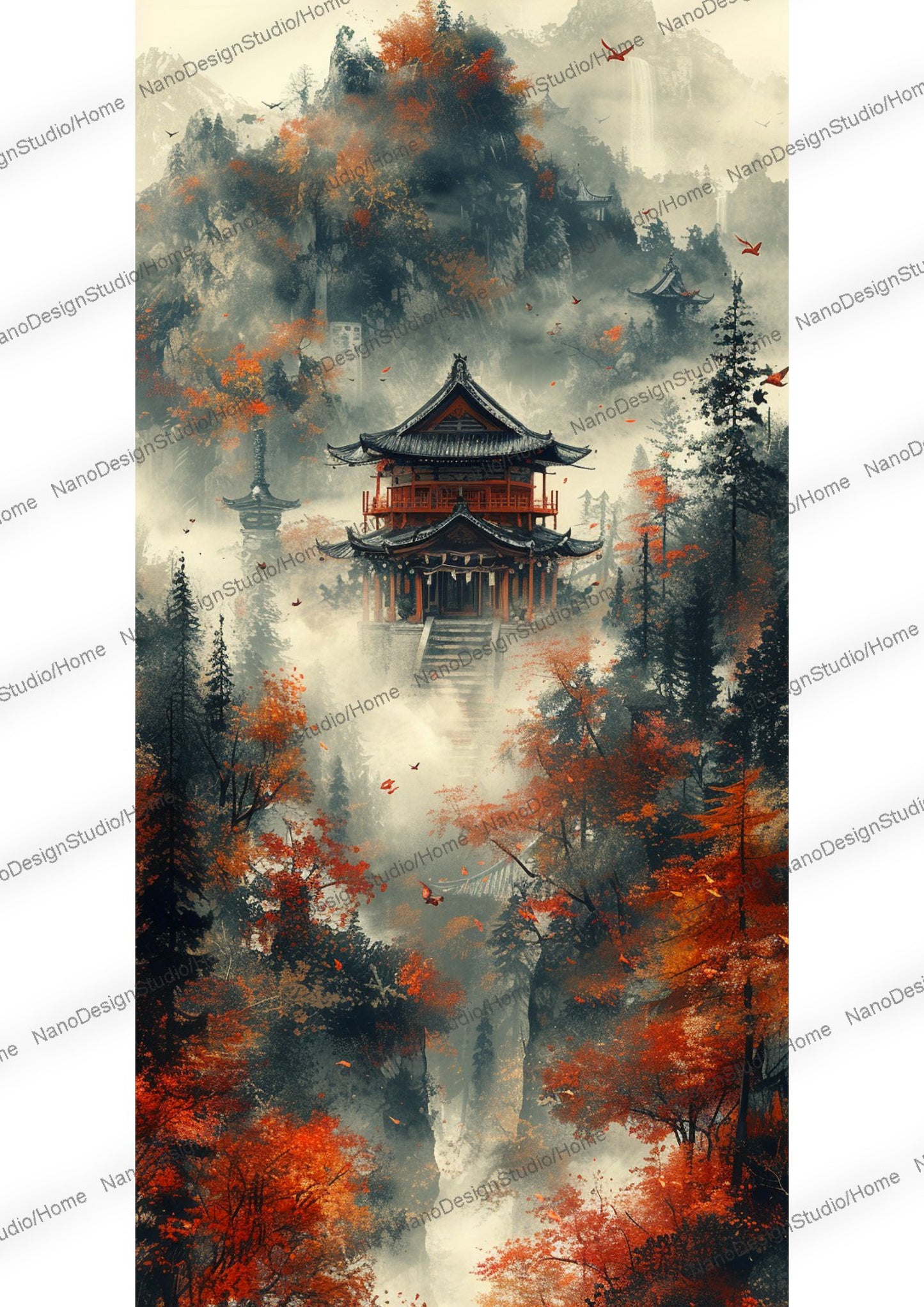 Majestueuse pagode japonaise entourée de nuages, de brume et d'arbres aux feuilles rouges.