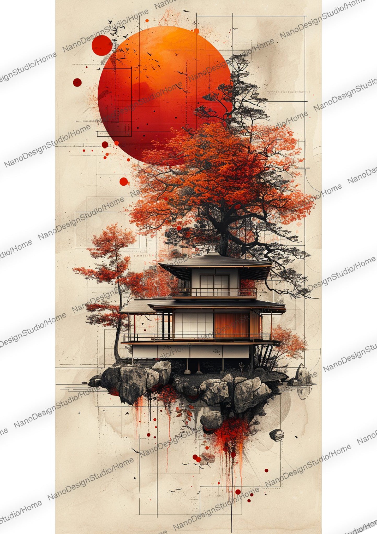 Maison japonaise sur un lac enveloppée d'une ambiance éthérée avec en fond une lune rouge et des arbres aux feuilles oranges/rouges vibrants.