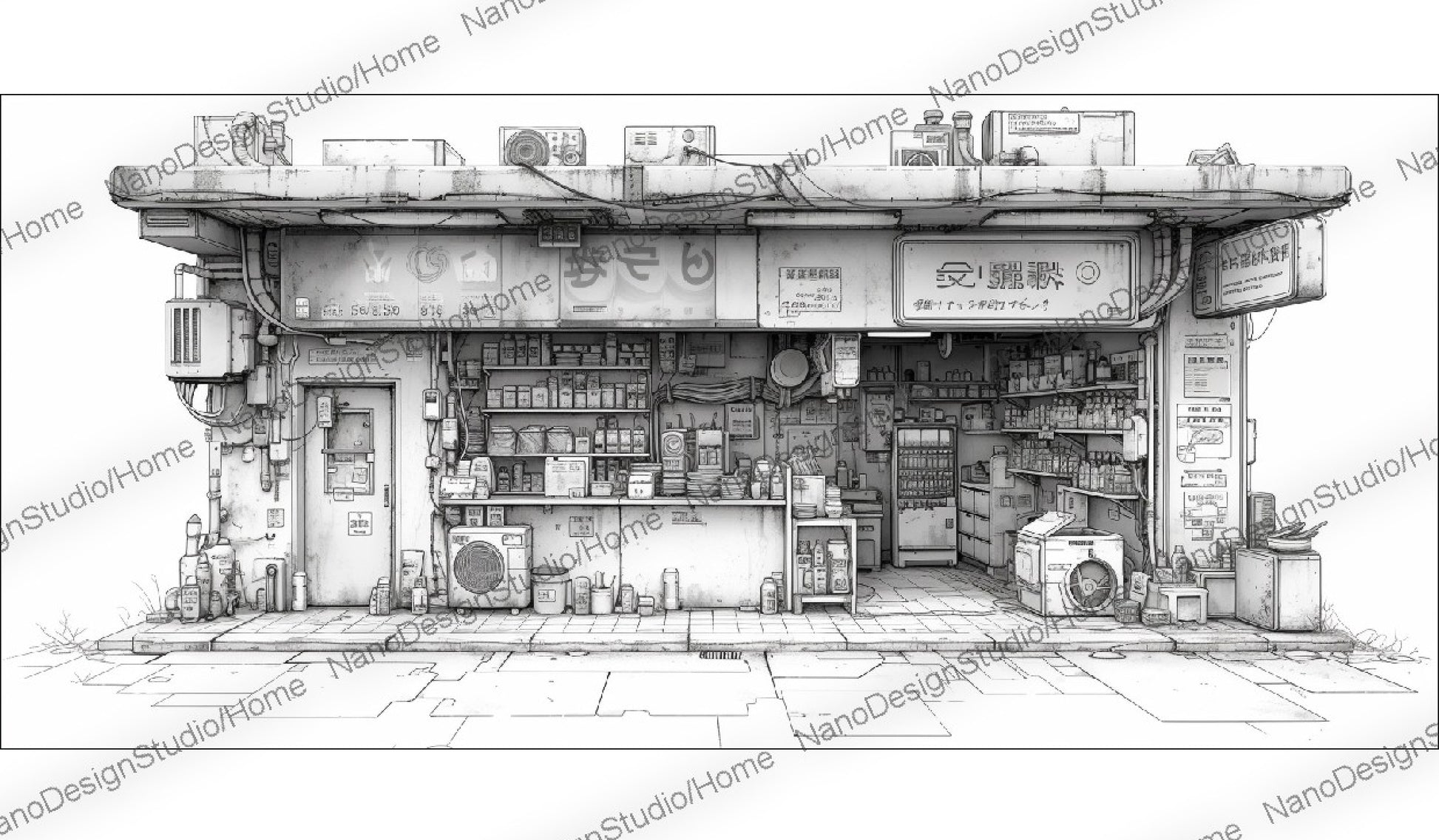 Concept art d'une épicerie japonaise en noir et blanc avec beaucoup d'articles sur les étagères et le comptoir dans un style cyberpunk.