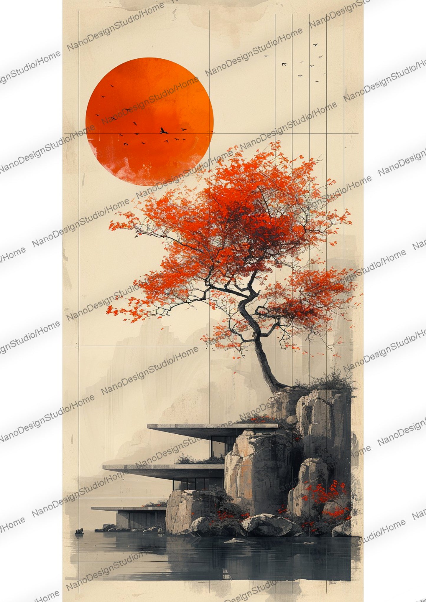 Maison de style japonaise et/ou d'un arbre paisiblement entouré d'eau, le beige et le orange domine la scène.