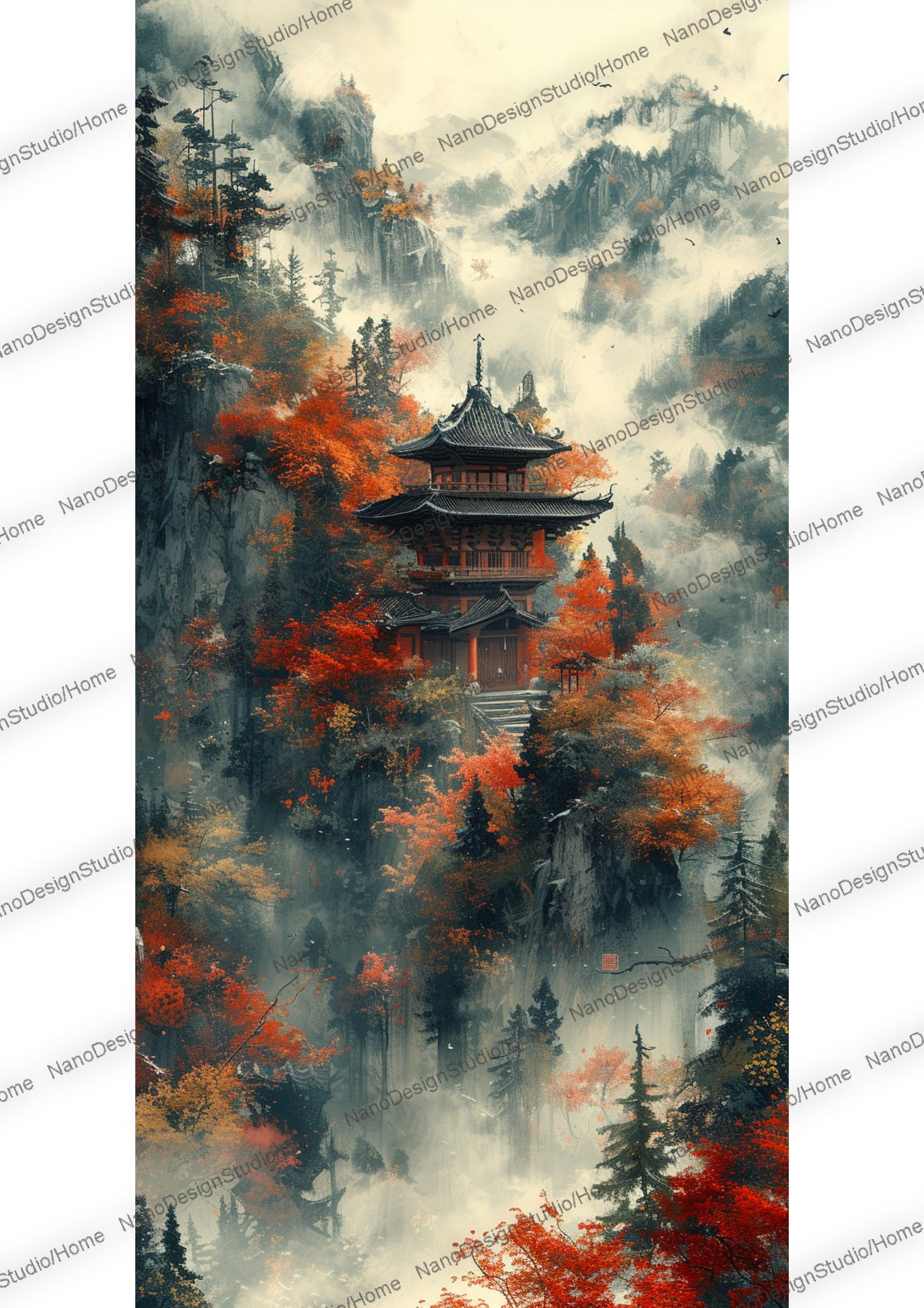 Majestueuse pagode japonaise entourée de nuages, de brume et d'arbres aux feuilles rouges.