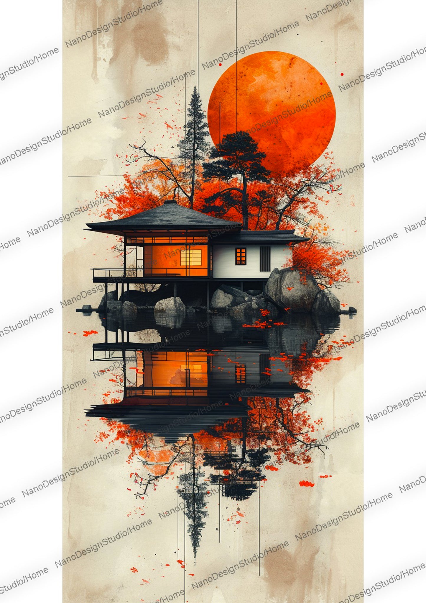 Maison japonaise sur un lac enveloppée d'une ambiance éthérée avec en fond une lune rouge et des arbres aux feuilles oranges/rouges vibrants.