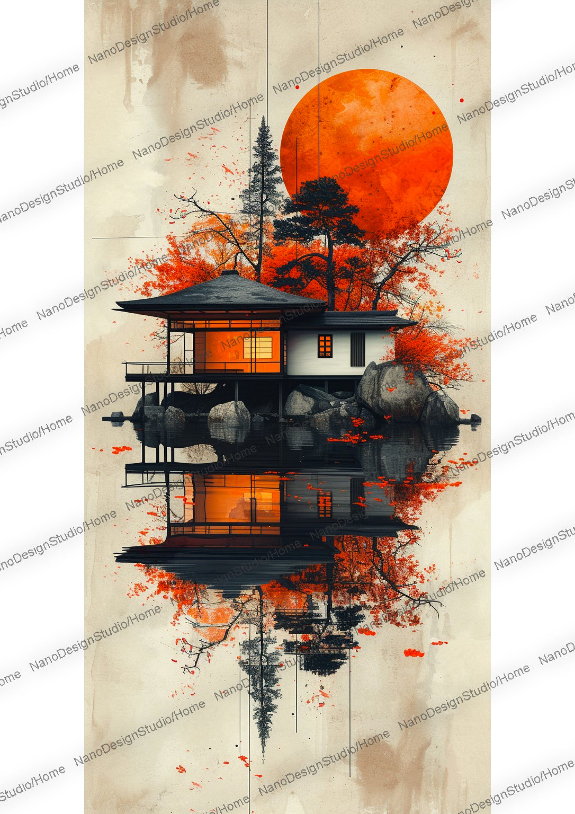 Maison japonaise sur un lac enveloppée d'une ambiance éthérée avec en fond une lune rouge et des arbres aux feuilles oranges/rouges vibrants.