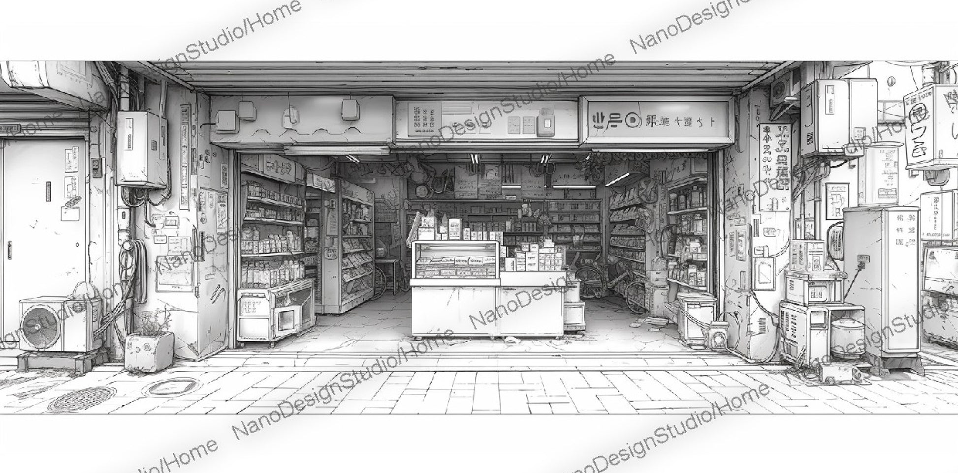 Concept art d'une épicerie japonaise en noir et blanc avec beaucoup d'articles sur les étagères et le comptoir dans un style cyberpunk.