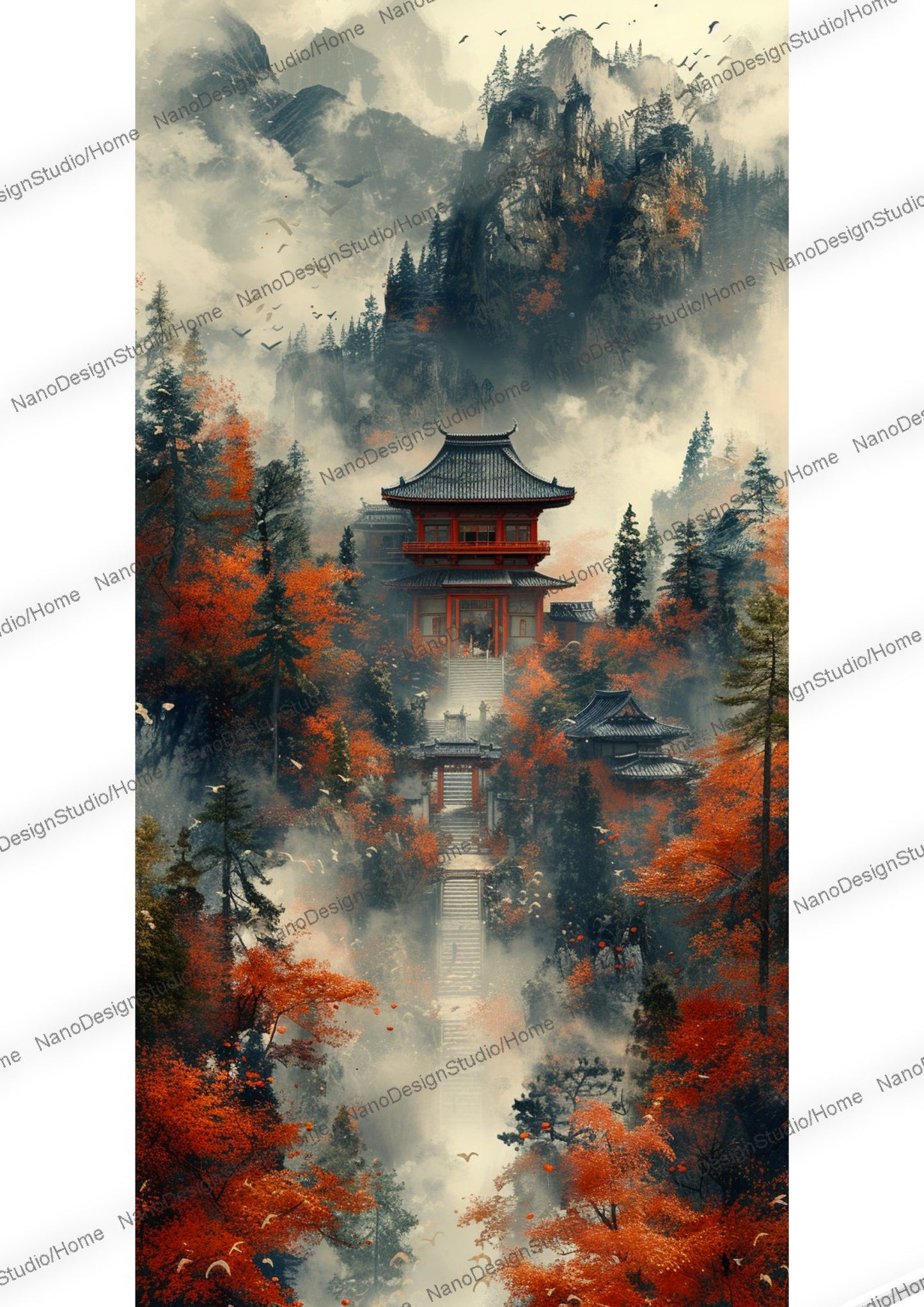 Majestueuse pagode japonaise entourée de nuages, de brume et d'arbres aux feuilles rouges.