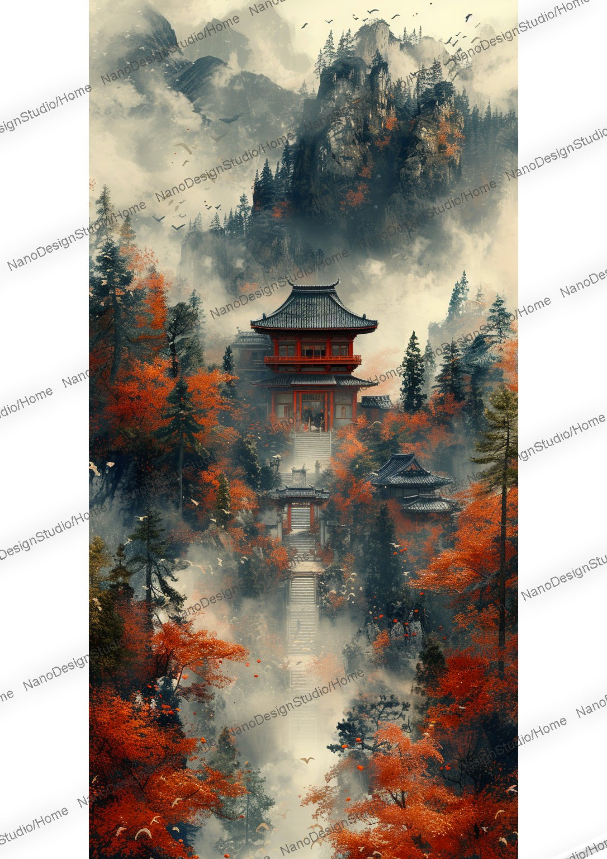 Majestueuse pagode japonaise entourée de nuages, de brume et d'arbres aux feuilles rouges.