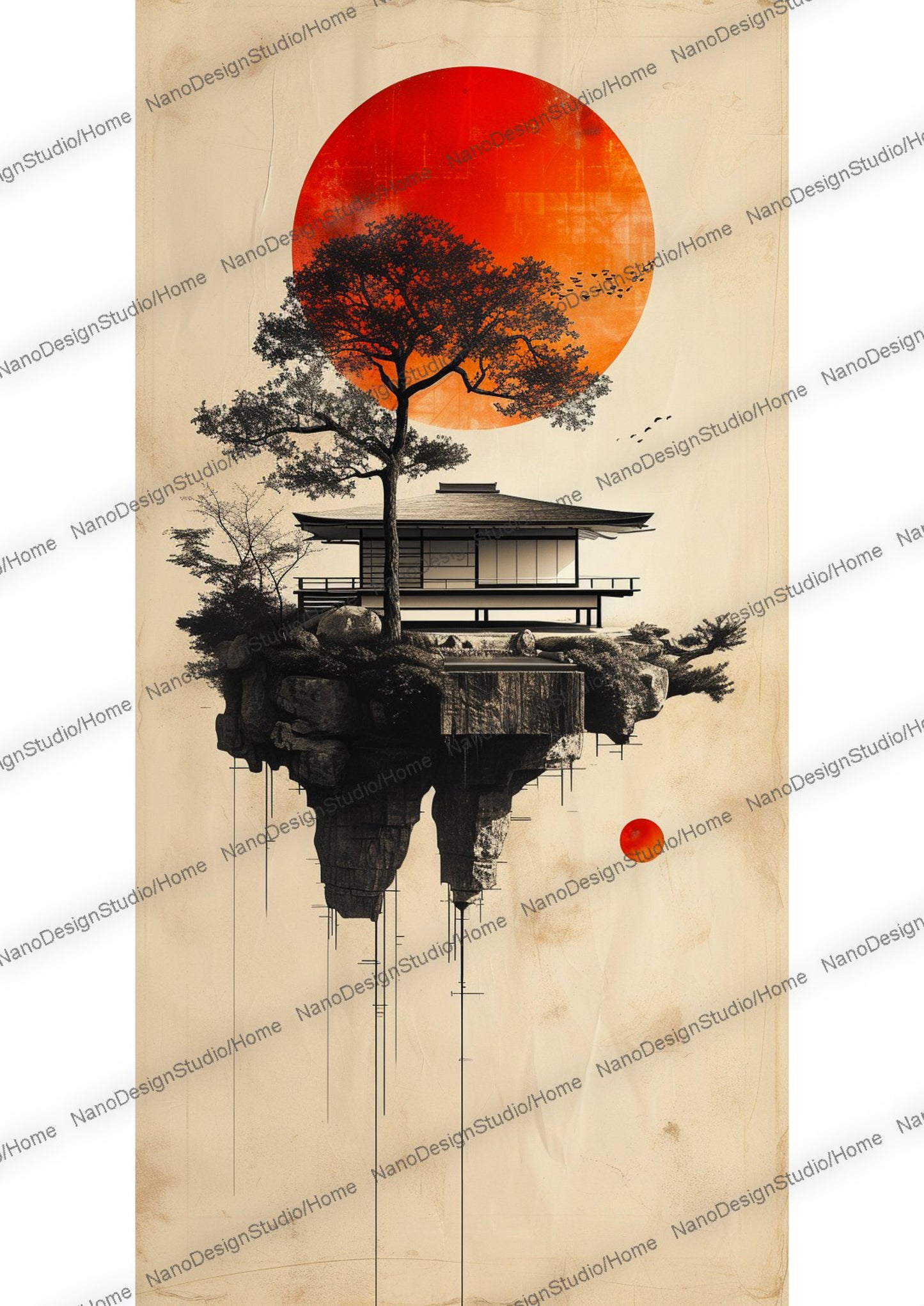 Maison japonaise sur un lac enveloppée d'une ambiance éthérée avec en fond une lune rouge et des arbres aux feuilles oranges/rouges vibrants.