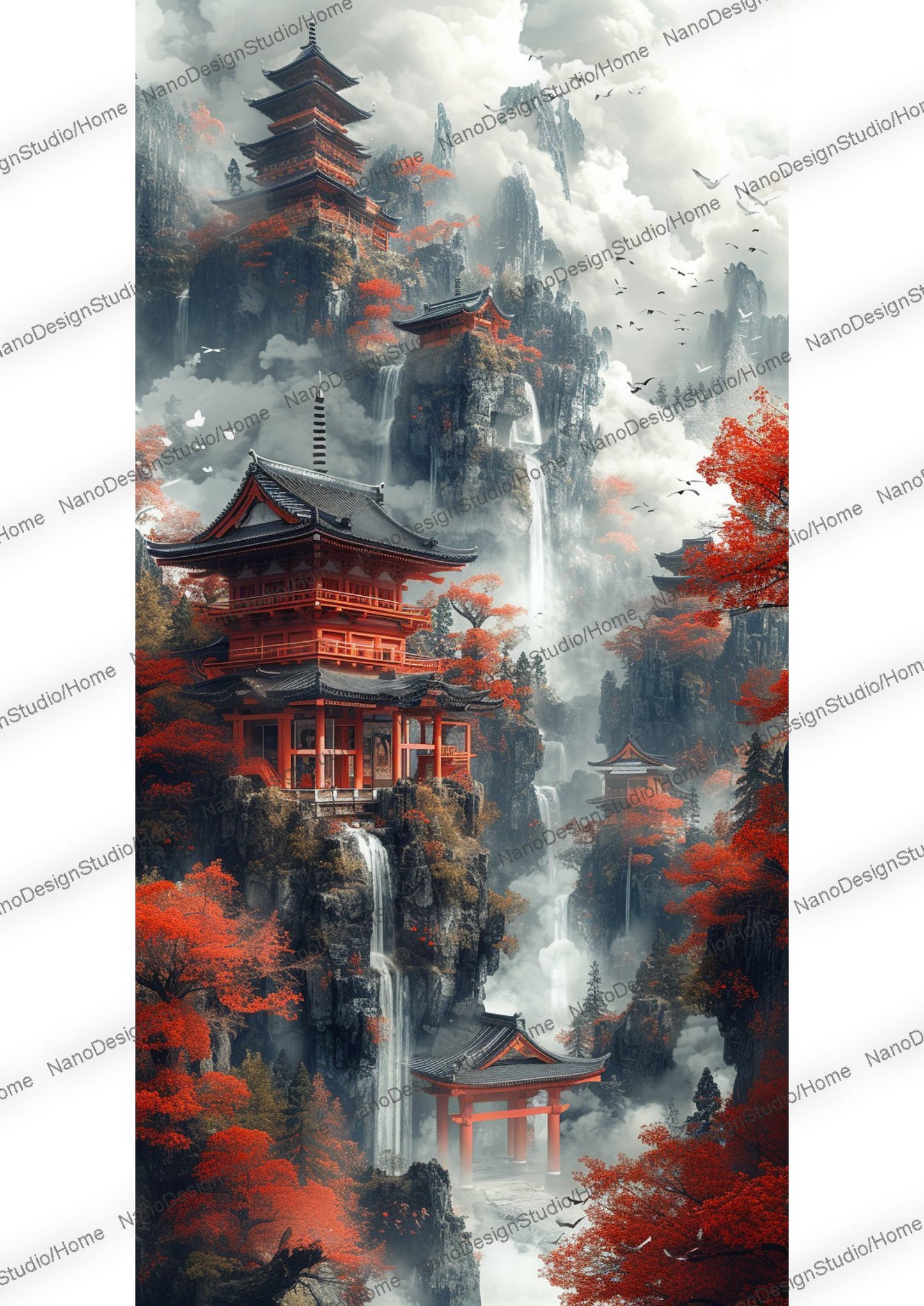 Majestueuse pagode japonaise entourée de nuages, de brume et d'arbres aux feuilles rouges.