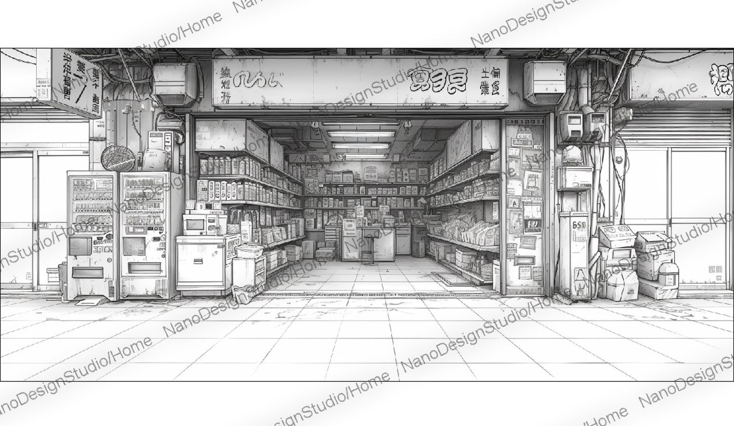 Concept art d'une épicerie japonaise en noir et blanc avec beaucoup d'articles sur les étagères et le comptoir dans un style cyberpunk.