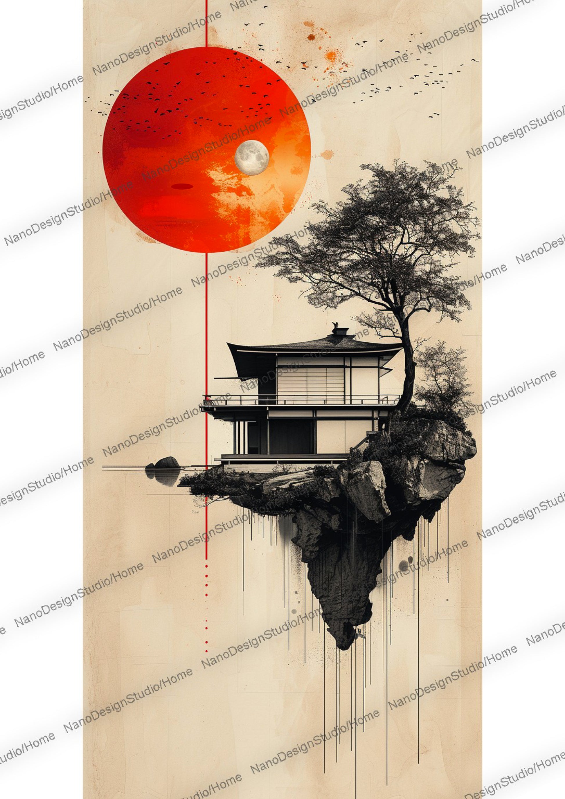 Maison japonaise sur un lac enveloppée d'une ambiance éthérée avec en fond une lune rouge et des arbres aux feuilles oranges/rouges vibrants.