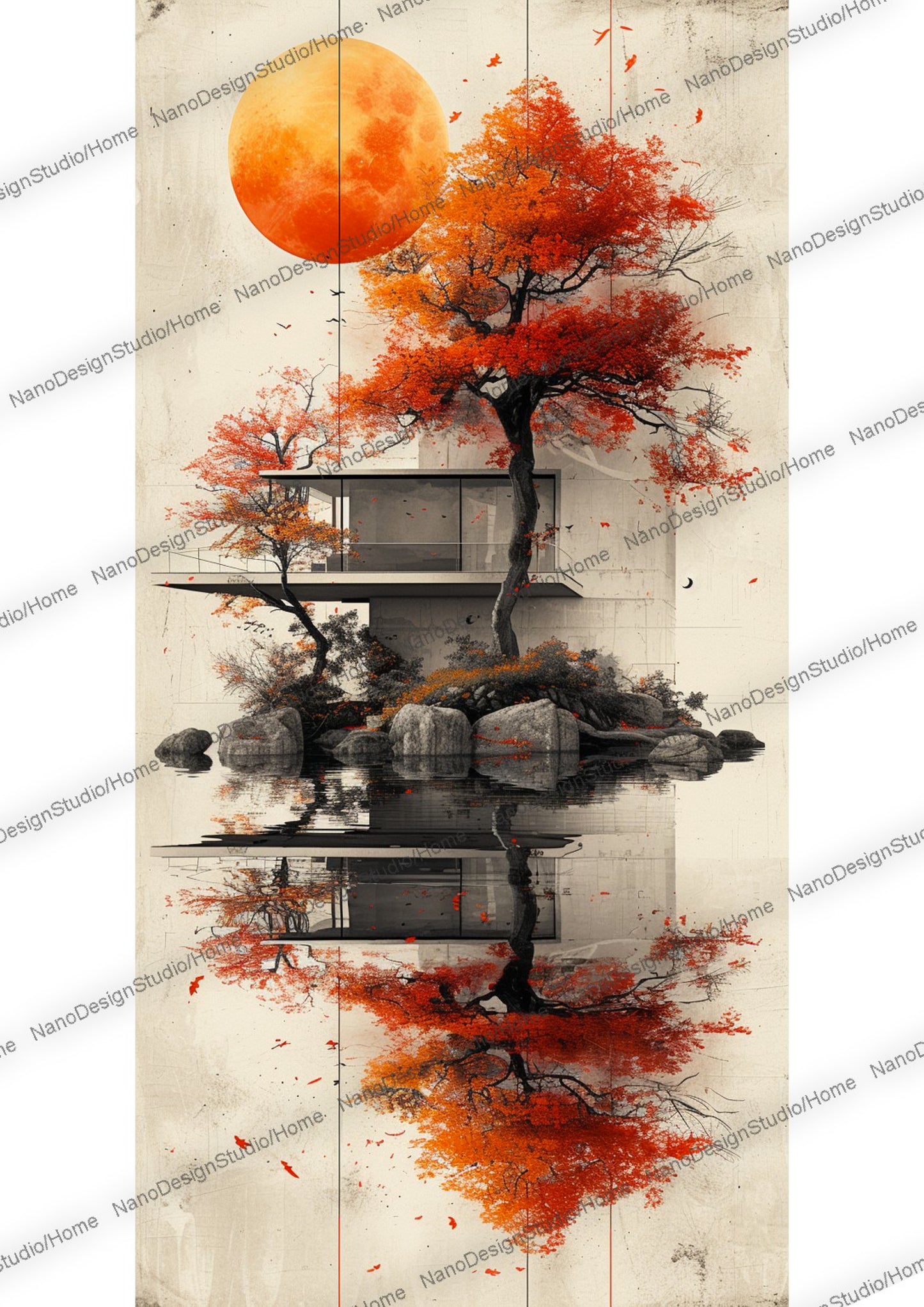 Maison de style japonaise et/ou d'un arbre paisiblement entouré d'eau, le beige et le orange domine la scène.