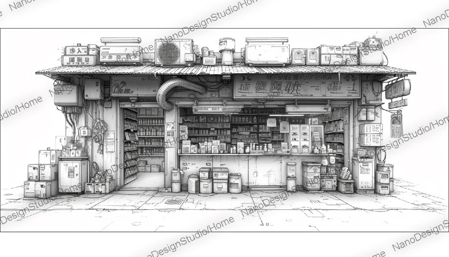 Concept art d'une épicerie japonaise en noir et blanc avec beaucoup d'articles sur les étagères et le comptoir dans un style cyberpunk.