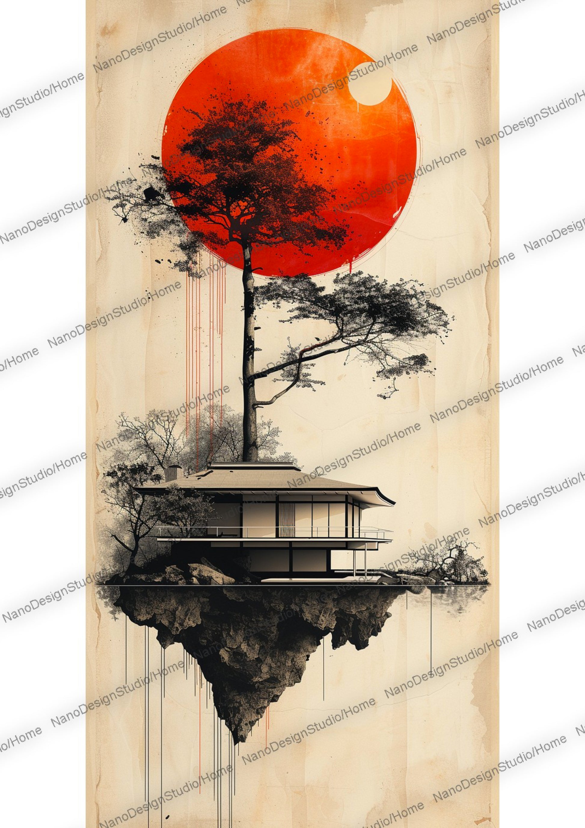 Maison japonaise sur un lac enveloppée d'une ambiance éthérée avec en fond une lune rouge et des arbres aux feuilles oranges/rouges vibrants.