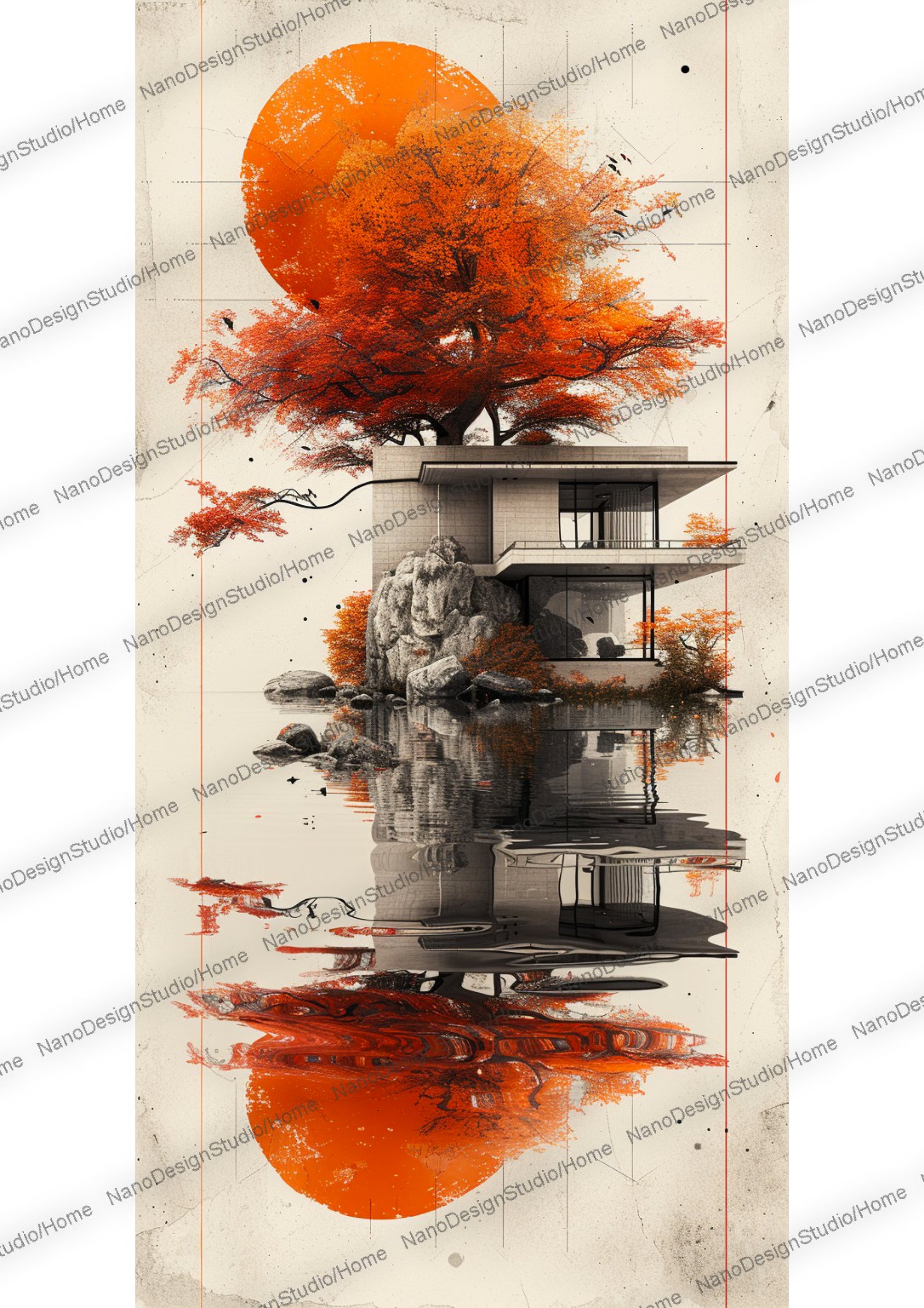 Maison de style japonaise et/ou d'un arbre paisiblement entouré d'eau, le beige et le orange domine la scène.