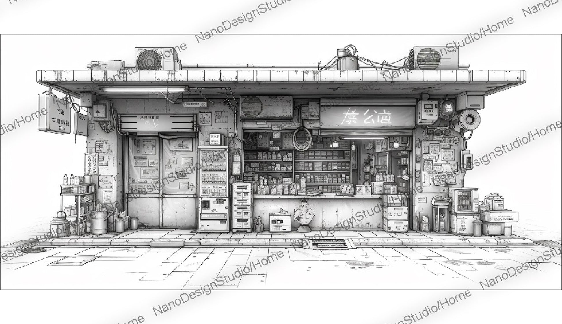 Concept art d'une épicerie japonaise en noir et blanc avec beaucoup d'articles sur les étagères et le comptoir dans un style cyberpunk.