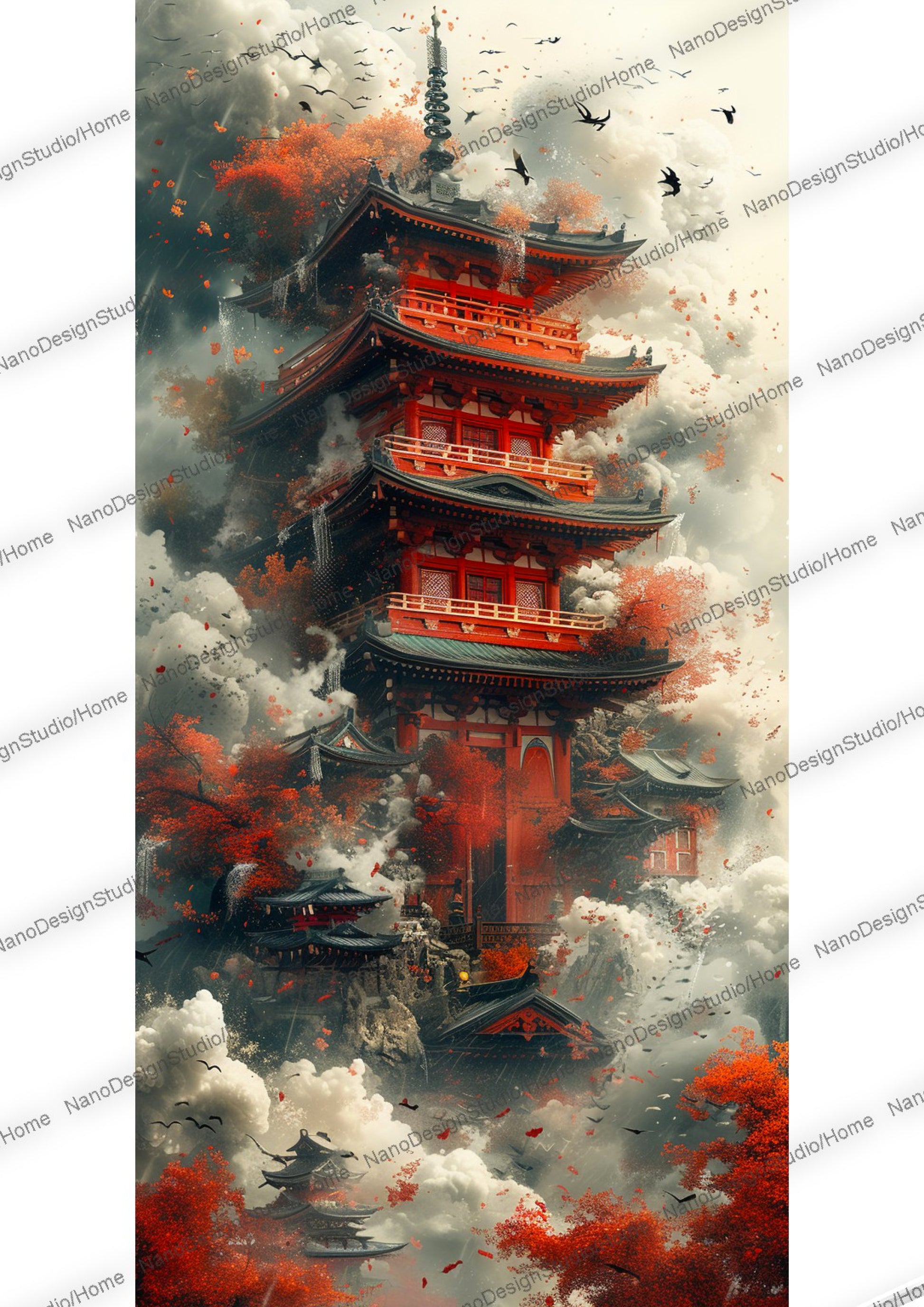 Majestueuse pagode japonaise entourée de nuages, de brume et d'arbres aux feuilles rouges.