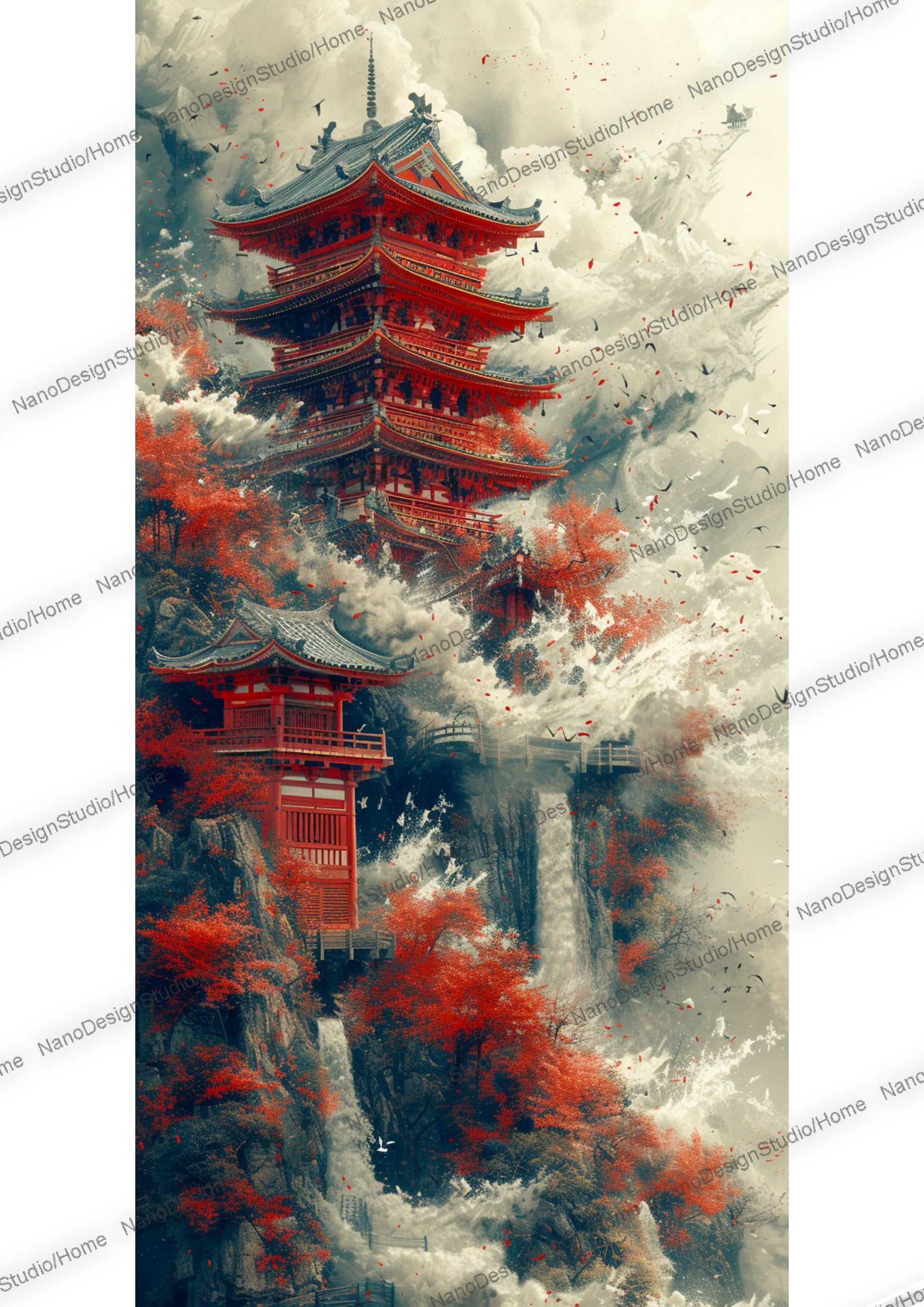 Majestueuse pagode japonaise entourée de nuages, de brume et d'arbres aux feuilles rouges.