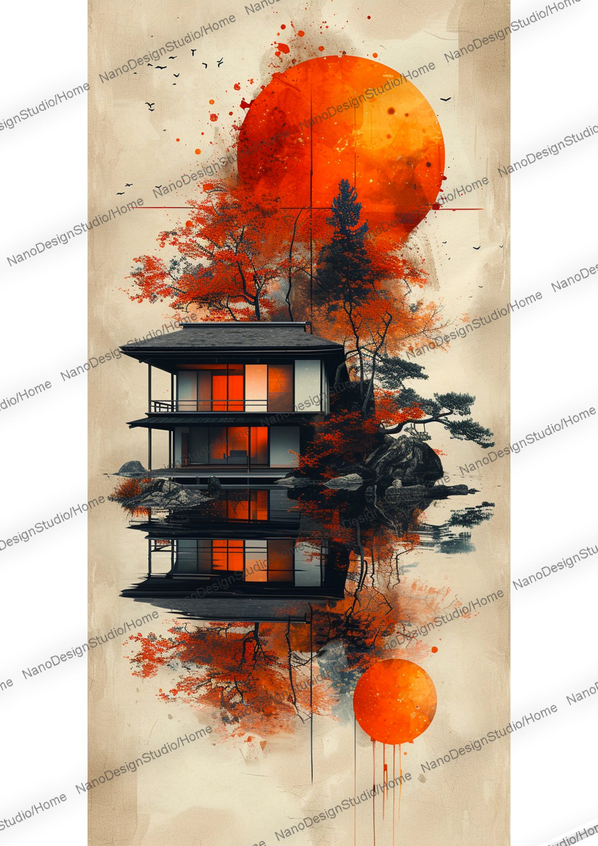 Maison japonaise sur un lac enveloppée d'une ambiance éthérée avec en fond une lune rouge et des arbres aux feuilles oranges/rouges vibrants.