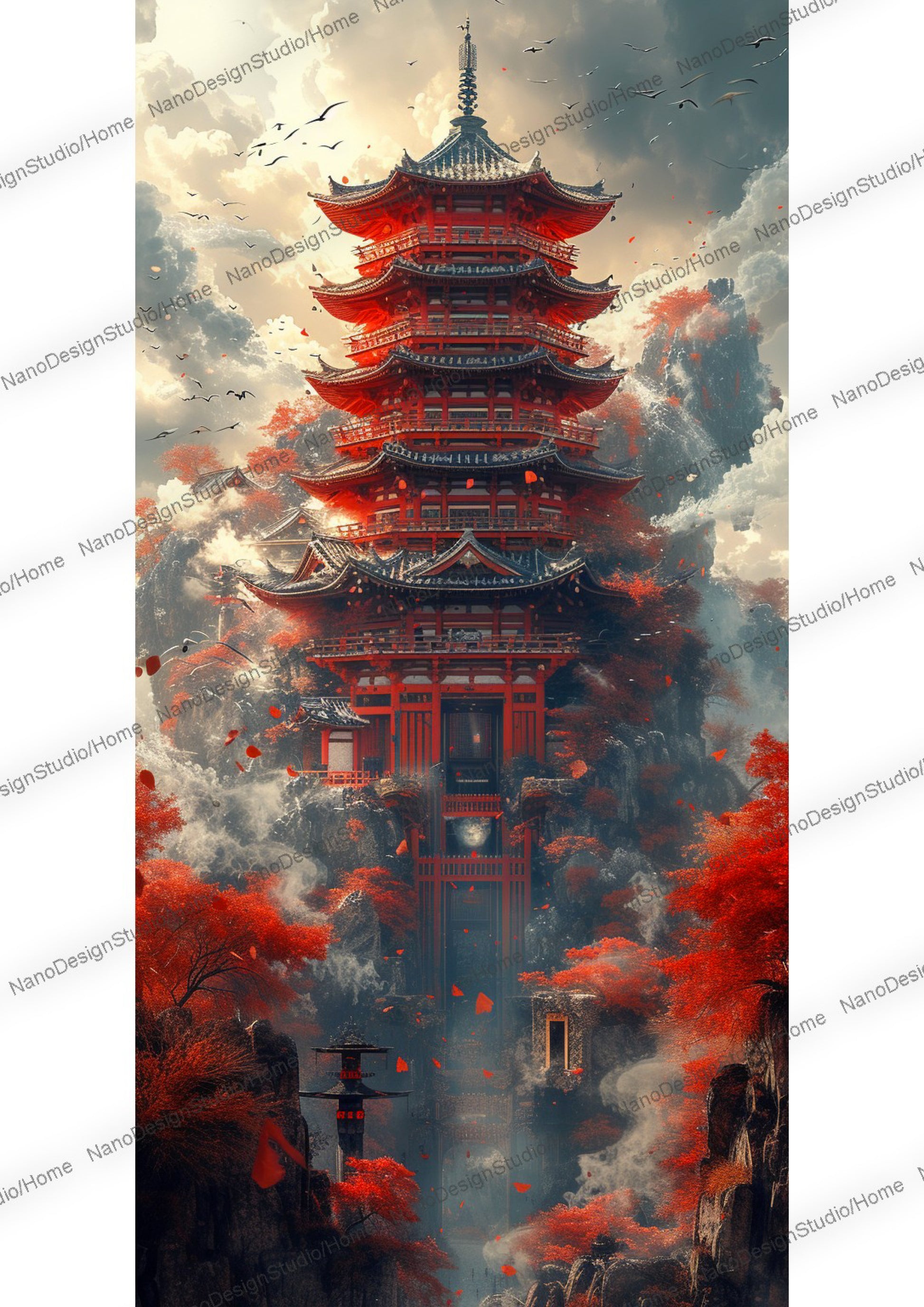 Majestueuse pagode japonaise entourée de nuages, de brume et d'arbres aux feuilles rouges.