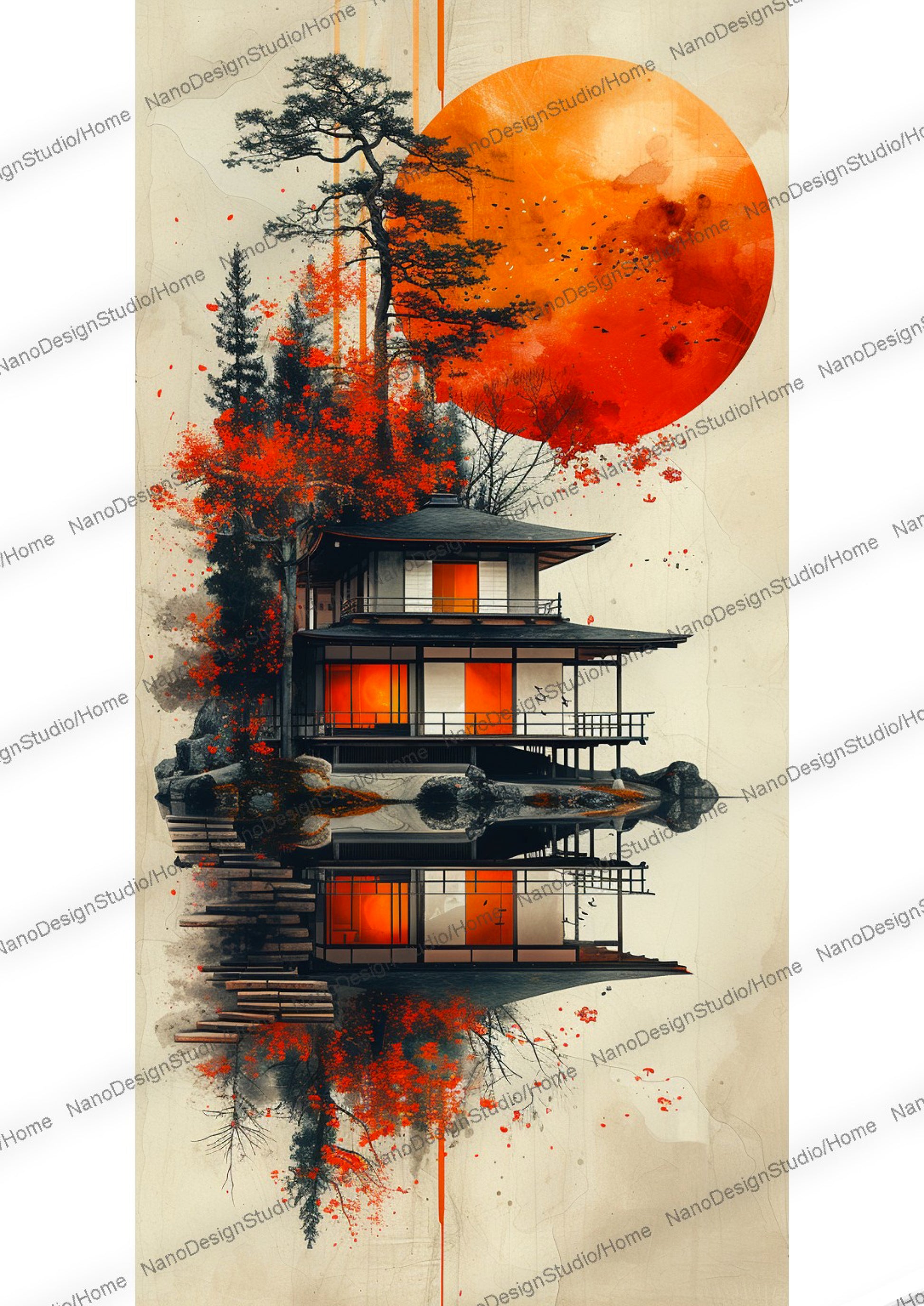 Maison japonaise sur un lac enveloppée d'une ambiance éthérée avec en fond une lune rouge et des arbres aux feuilles oranges/rouges vibrants.