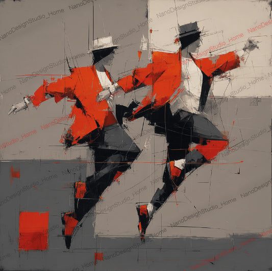 Poster Danseurs Abstraits Rouge & Gris – Art Mural Collage Contemporain